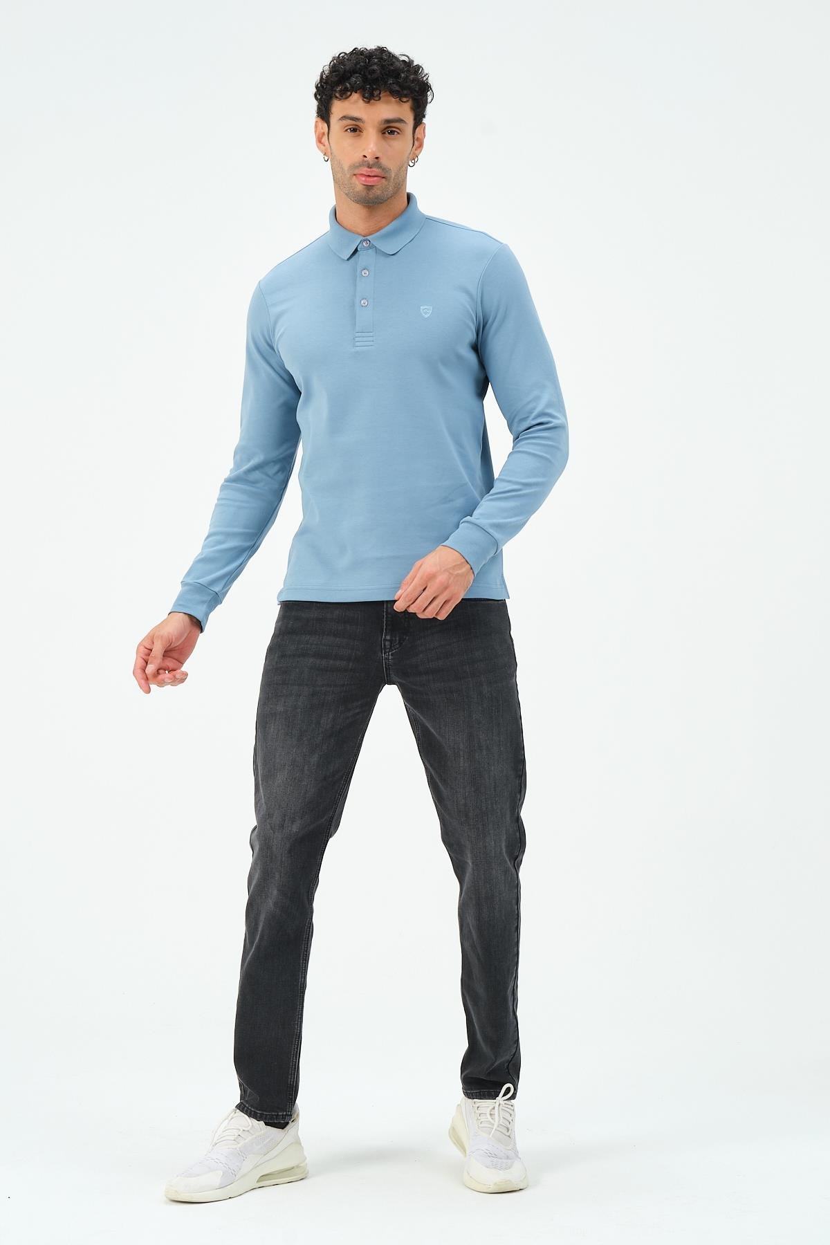 MSW Erkek Uzun Kollu İnterlok Regular Fit Mavi Polo 