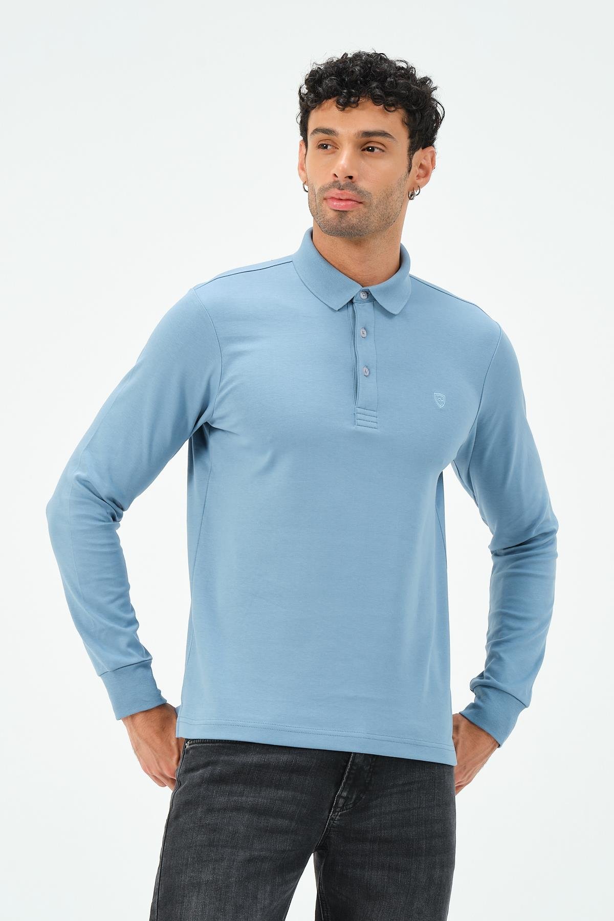 MSW Erkek Uzun Kollu İnterlok Regular Fit Mavi Polo 