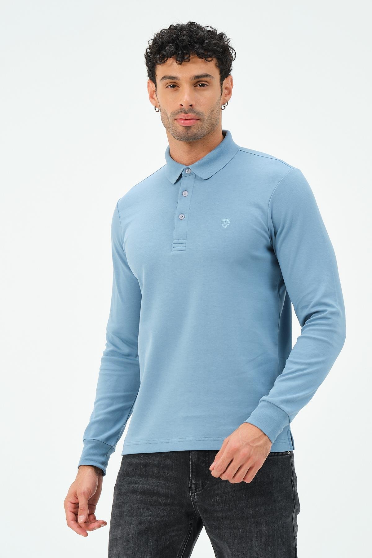 MSW Erkek Uzun Kollu İnterlok Regular Fit Mavi Polo 