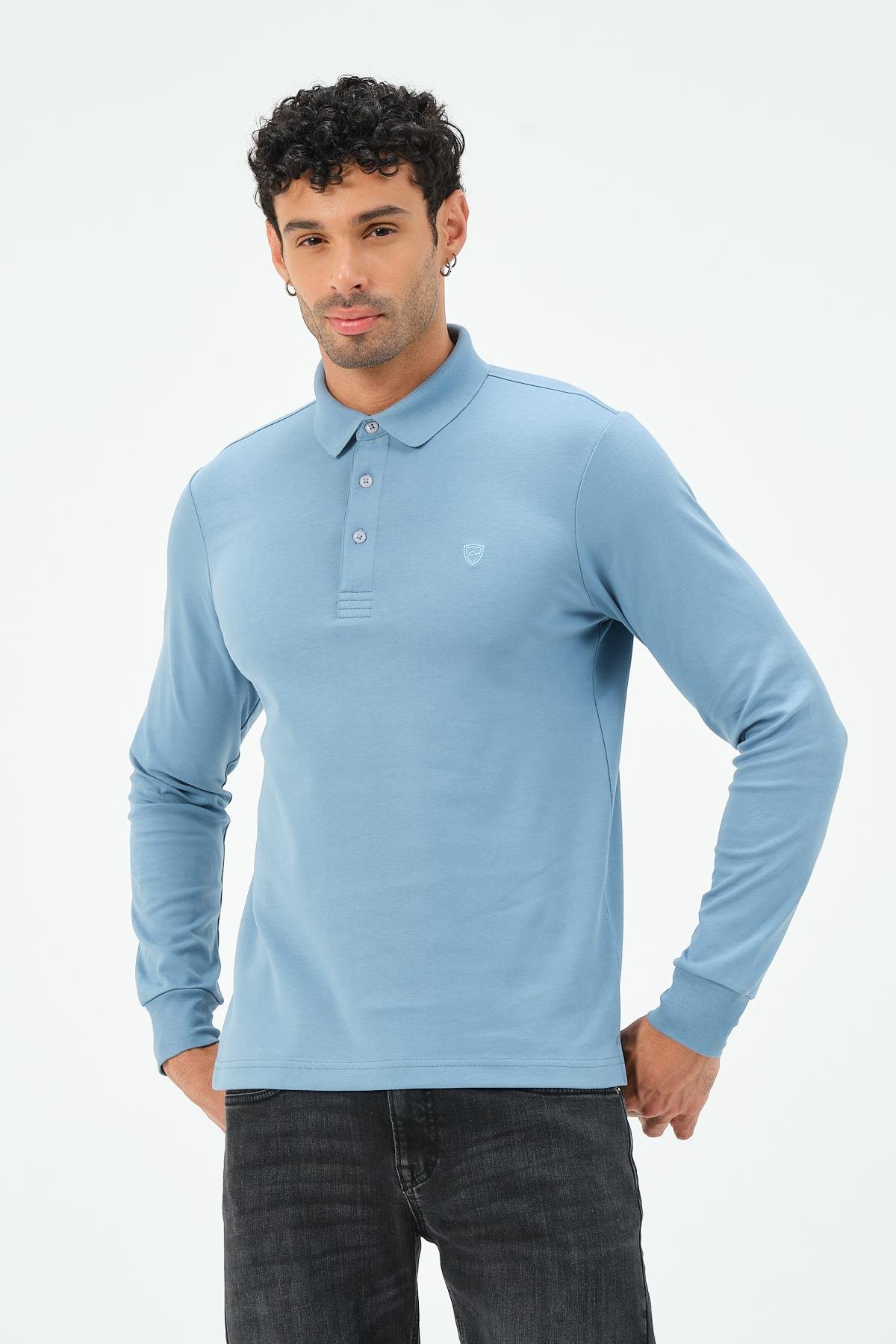 MSW Erkek Uzun Kollu İnterlok Regular Fit Mavi Polo 