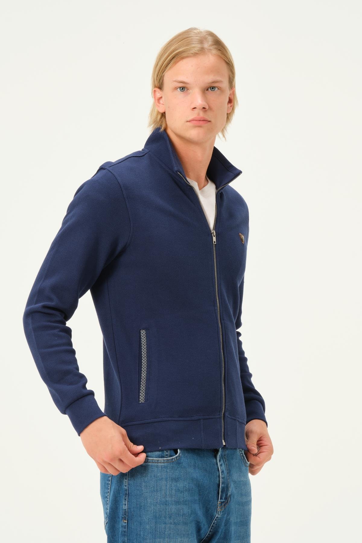 MSW Fermuarlı Double Face Regular Fit Erkek Marin Dik Yaka Hırka