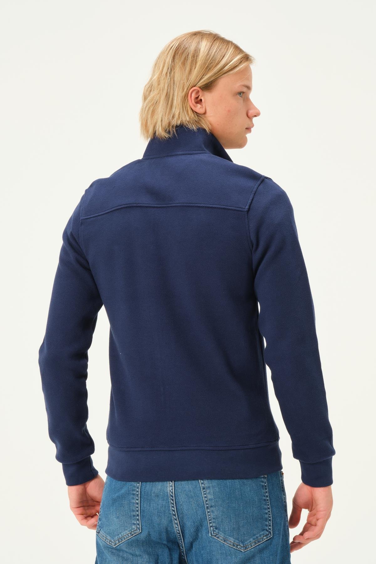MSW Fermuarlı Double Face Regular Fit Erkek Marin Dik Yaka Hırka