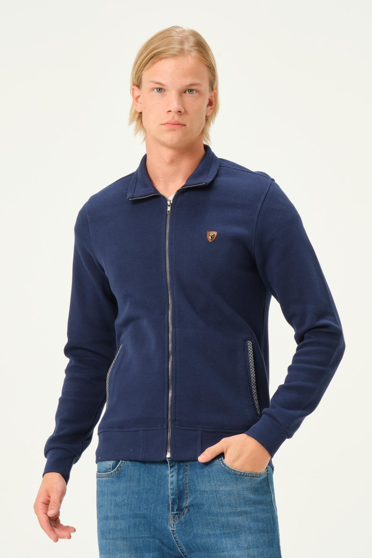 MSW Fermuarlı Double Face Regular Fit Erkek Marin Dik Yaka Hırka