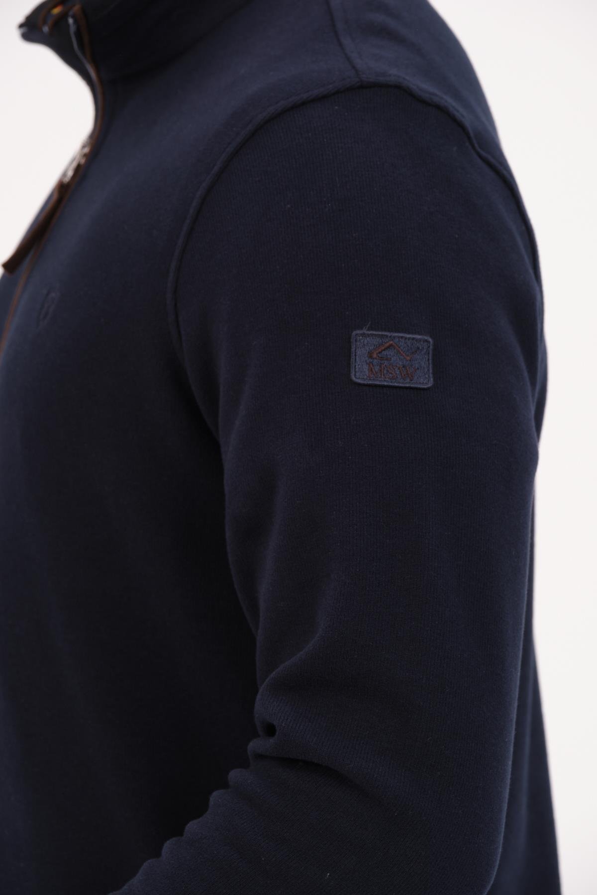 MSW Fermuarlı Regular Fit Deri Detaylı Uzun Kollu Erkek Siyah Selanik Sweatshirt