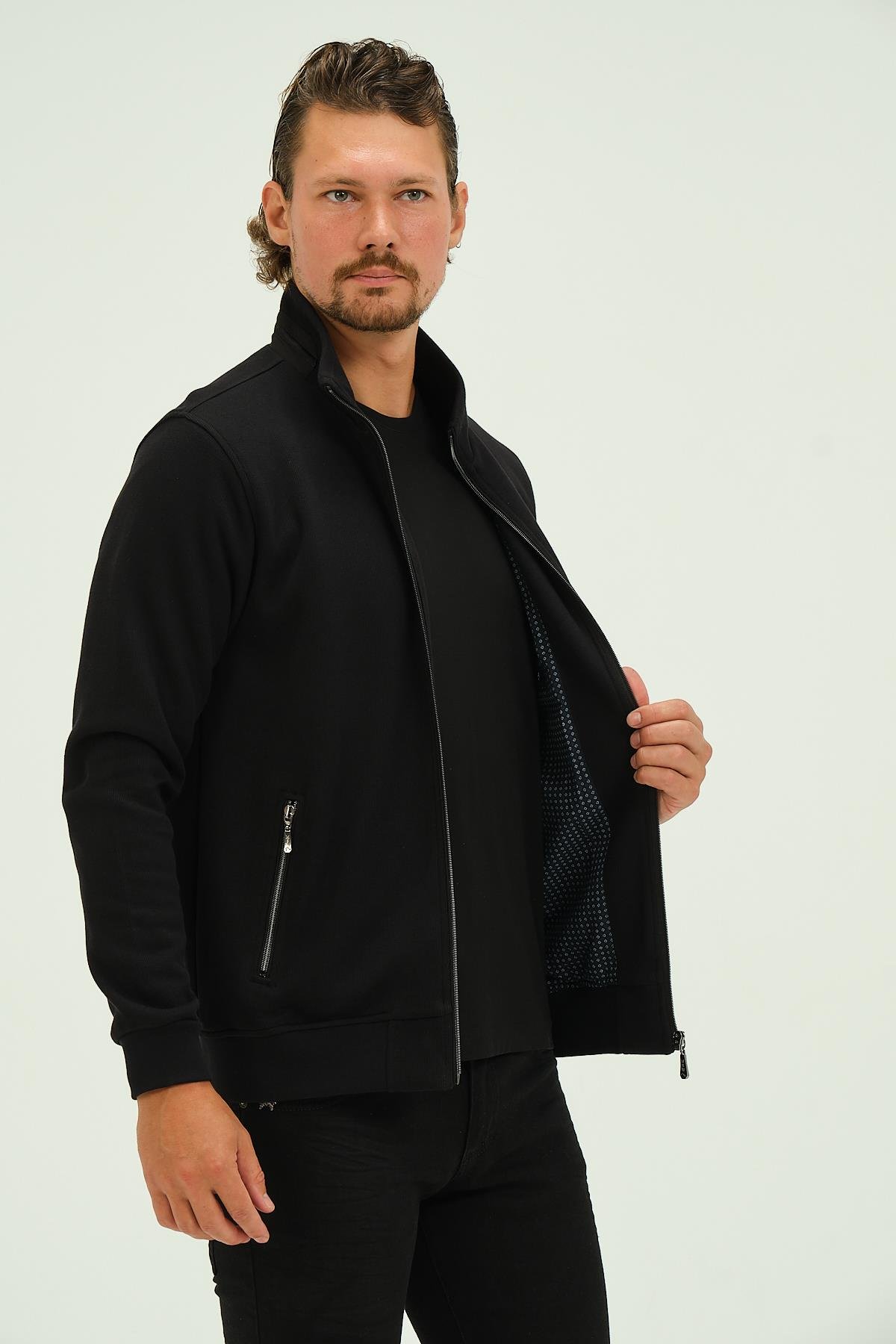 MSW Fermuarlı Regular Fit Deri Detaylı Uzun Kollu Erkek Siyah Selanik Sweatshirt