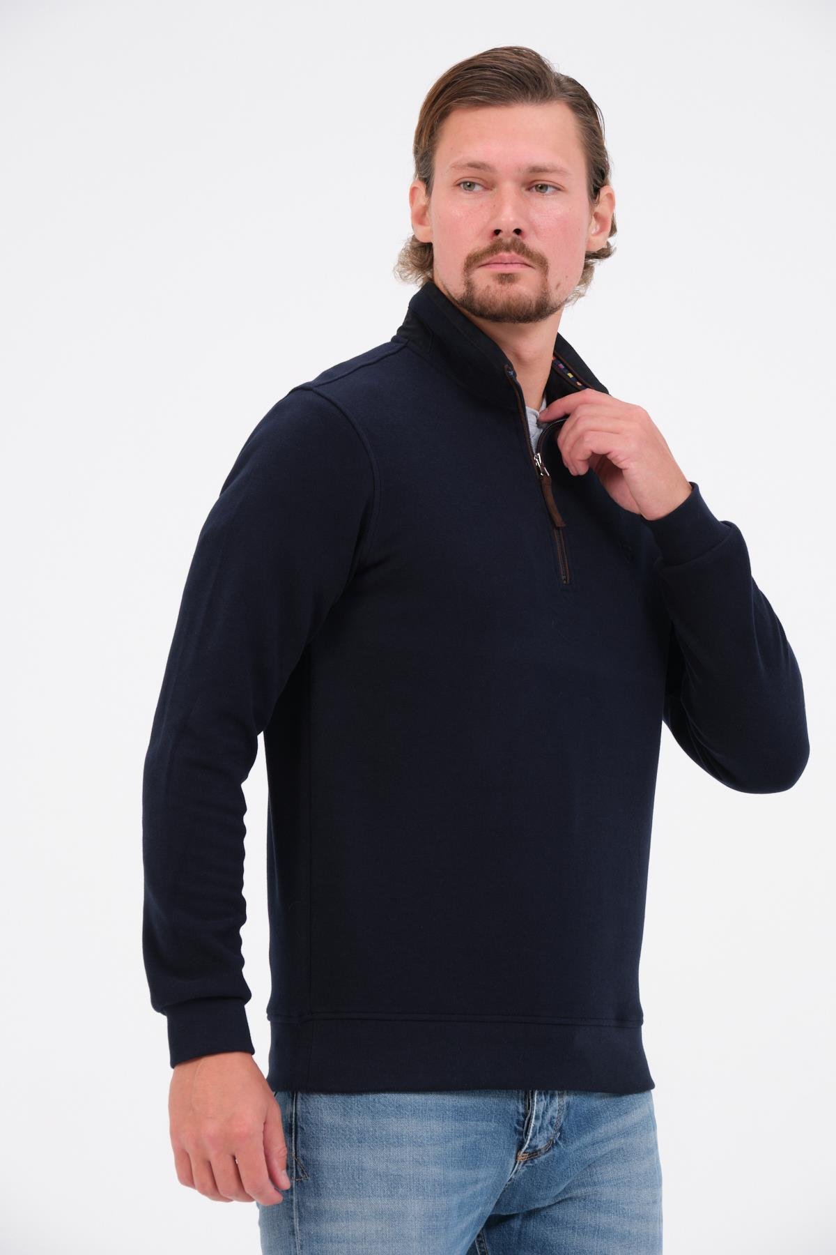 MSW Fermuarlı Regular Fit Deri Detaylı Uzun Kollu Erkek Siyah Selanik Sweatshirt