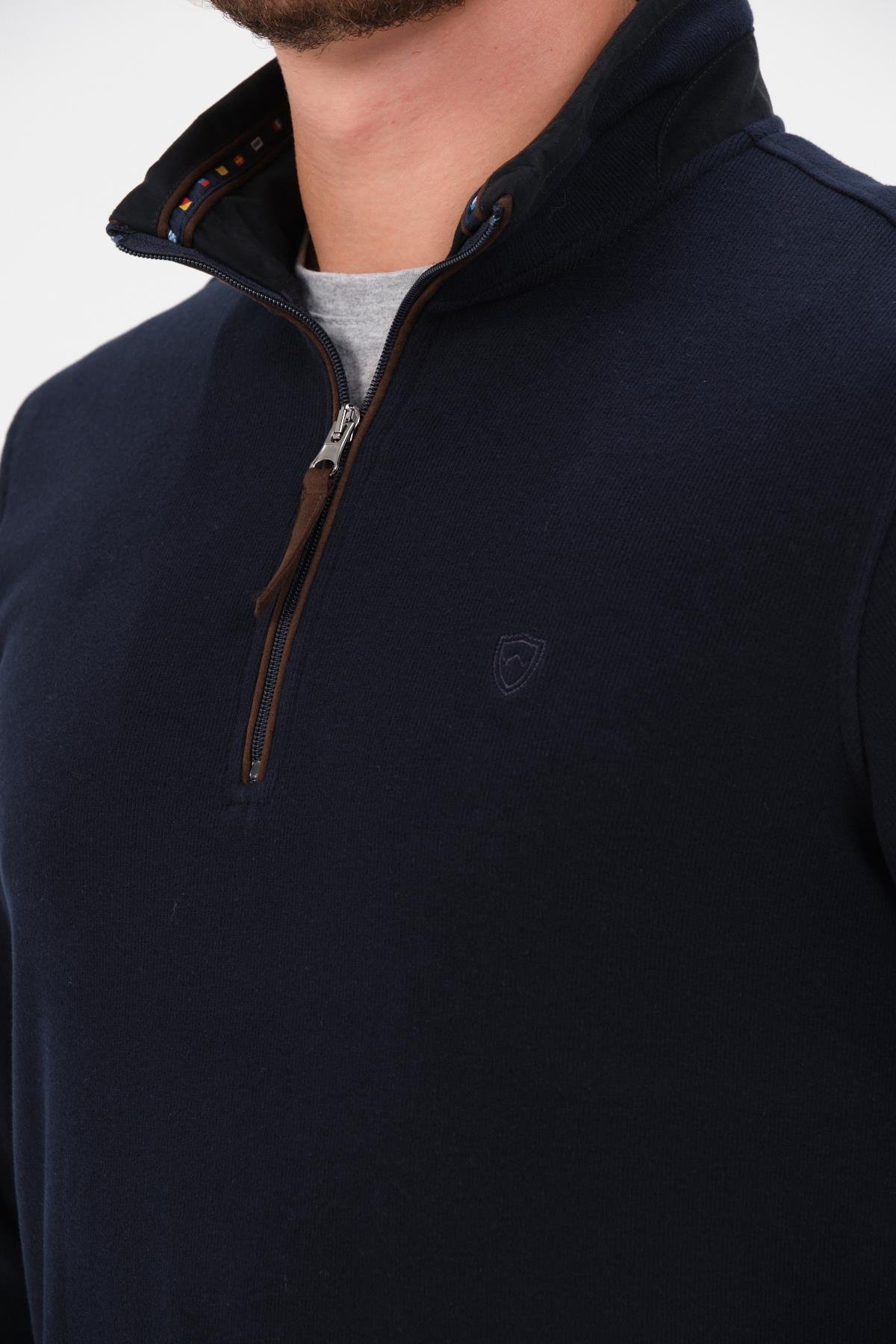 MSW Fermuarlı Regular Fit Deri Detaylı Uzun Kollu Erkek Siyah Selanik Sweatshirt