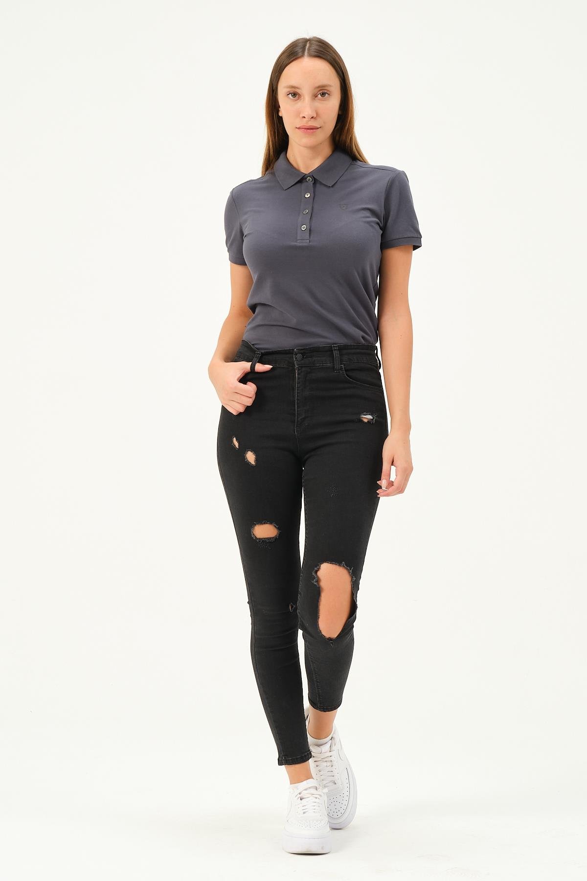 MSW Kadın Regular Fit Kısa Kollu Füme Polo