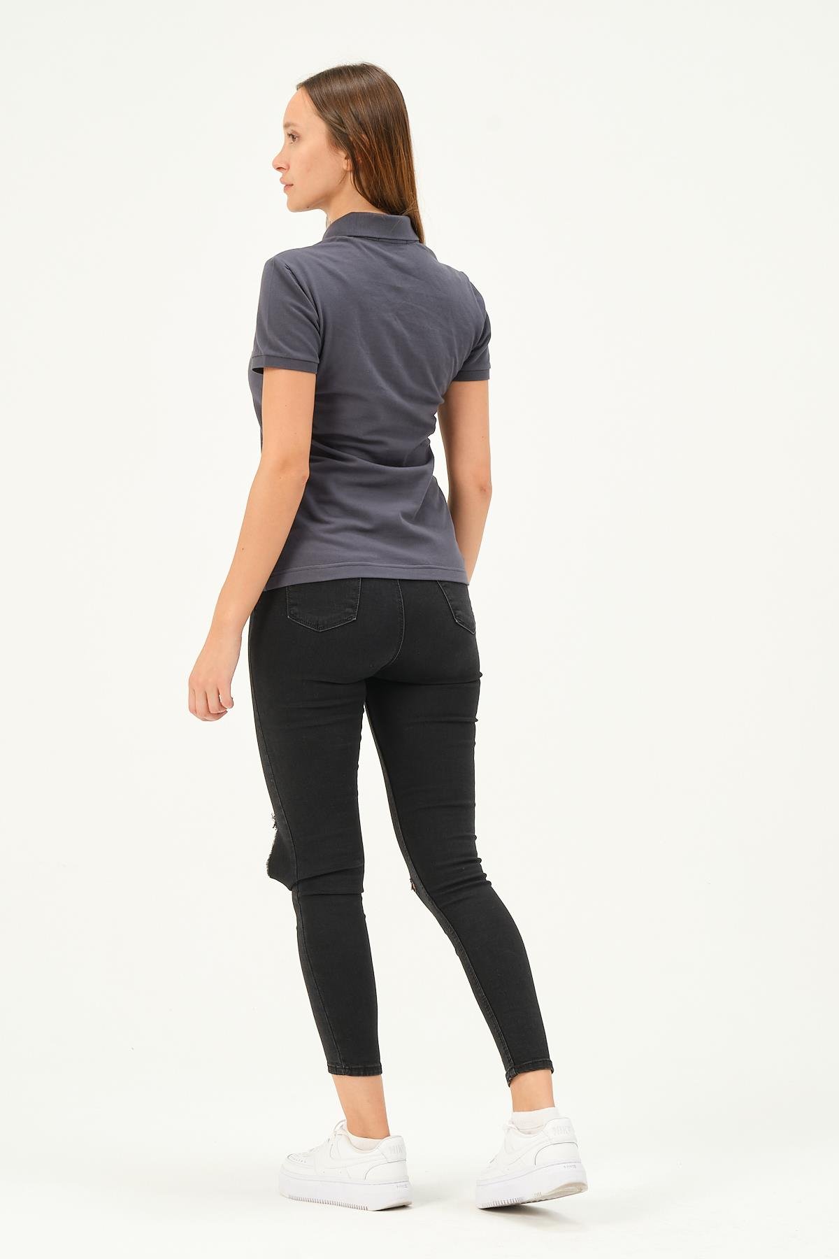 MSW Kadın Regular Fit Kısa Kollu Füme Polo