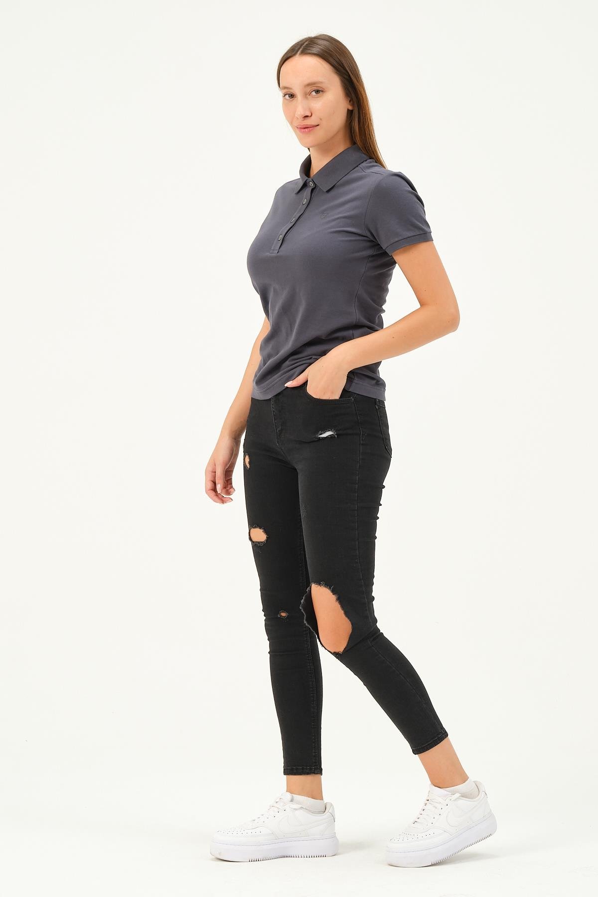 MSW Kadın Regular Fit Kısa Kollu Füme Polo