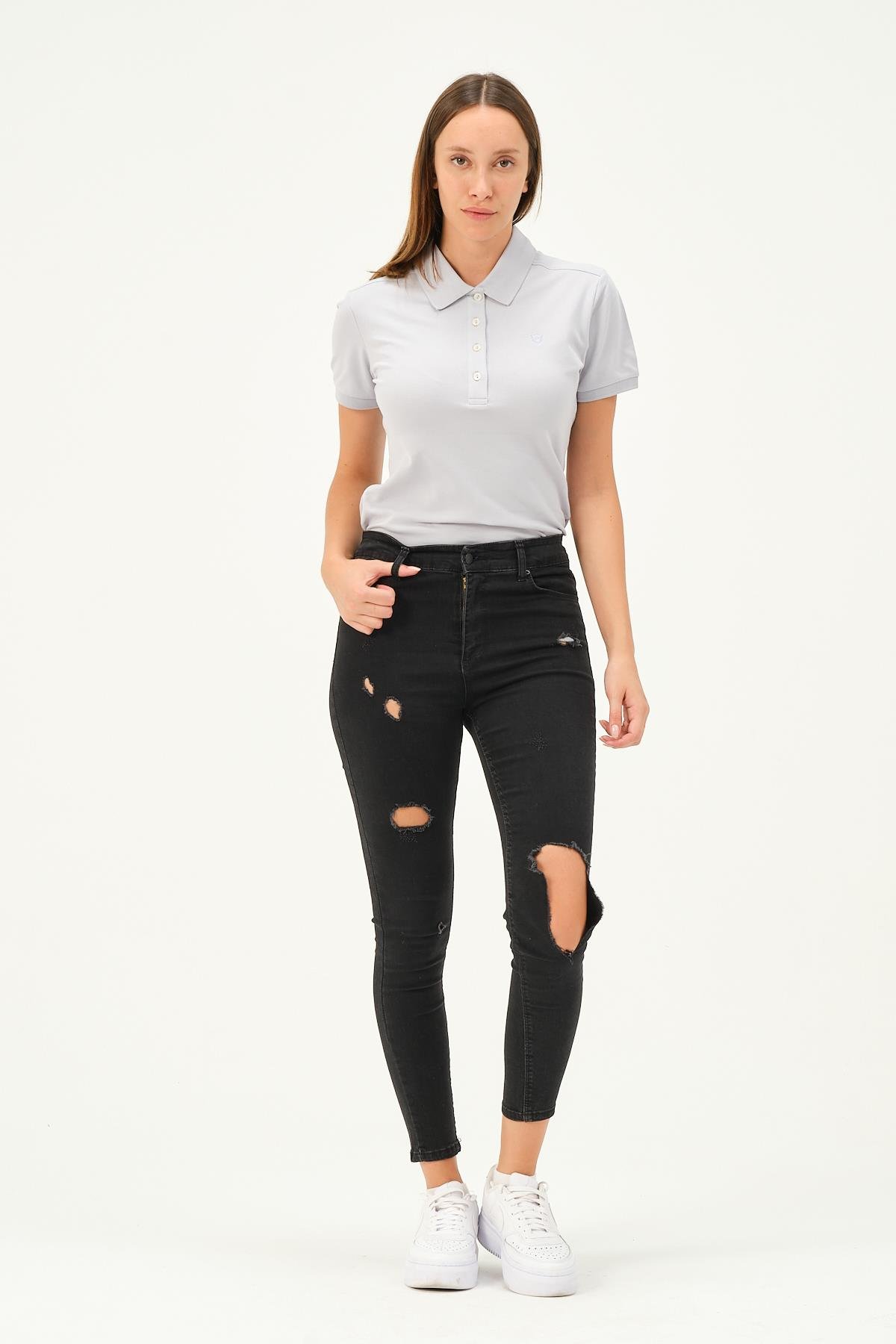 MSW Kadın Regular Fit Kısa Kollu Gri Polo