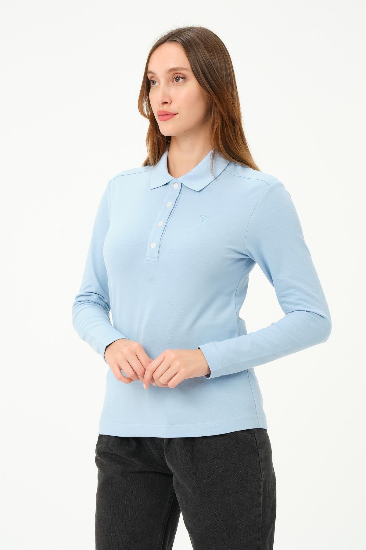 MSW Kadın Regular Fit Uzun Kollu Açık Mavi Polo
