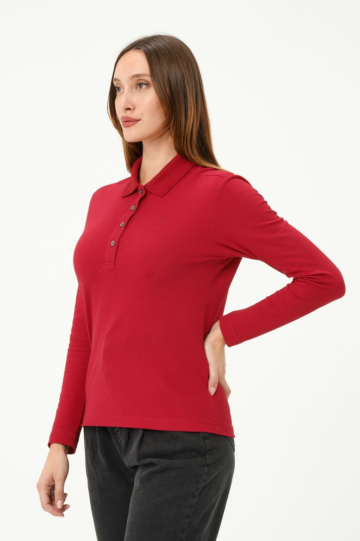 MSW Kadın Regular Fit Uzun Kollu Açık Bordo Polo