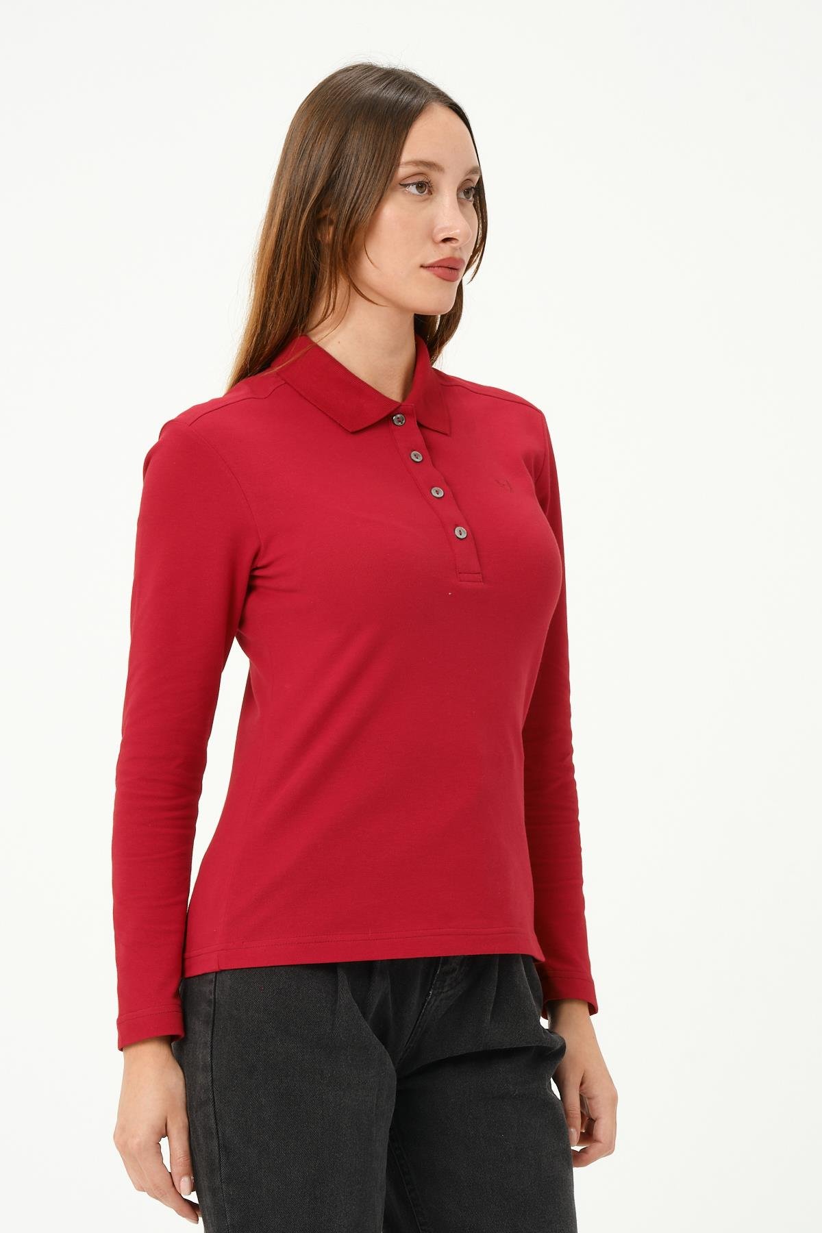 MSW Kadın Regular Fit Uzun Kollu Açık Bordo Polo