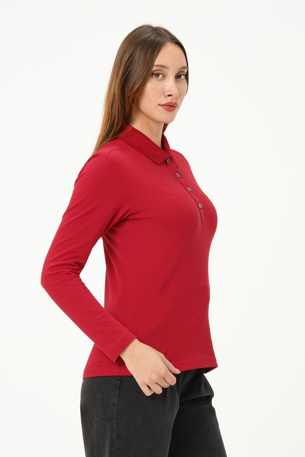 MSW Kadın Regular Fit Uzun Kollu Açık Bordo Polo