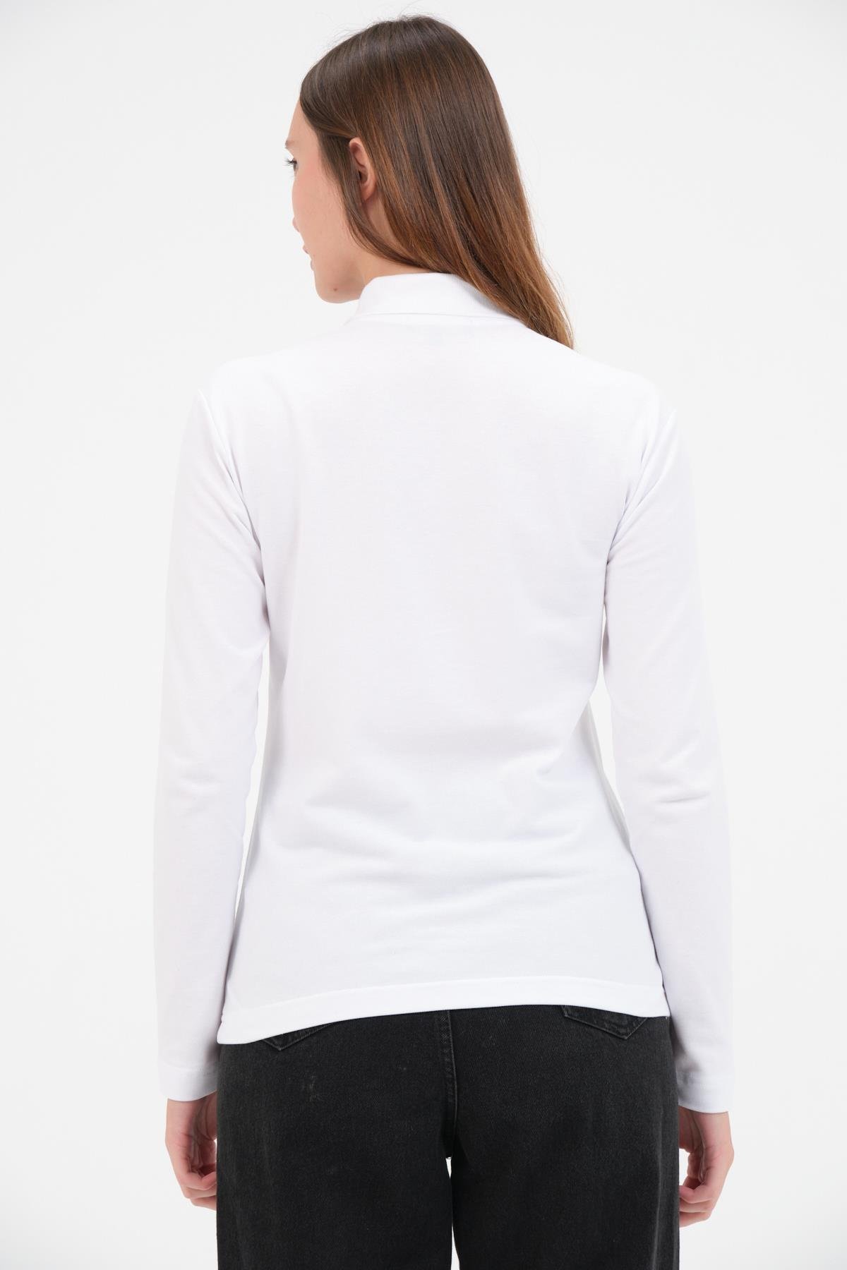 MSW Kadın Regular Fit Uzun Kollu Beyaz Polo