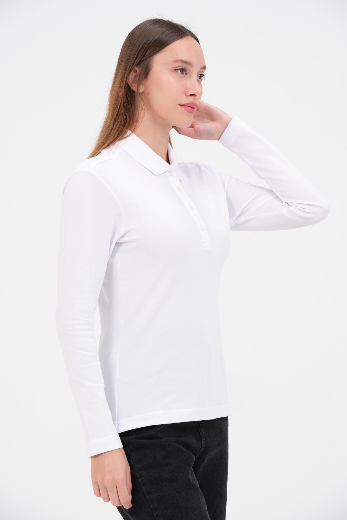 MSW Kadın Regular Fit Uzun Kollu Beyaz Polo