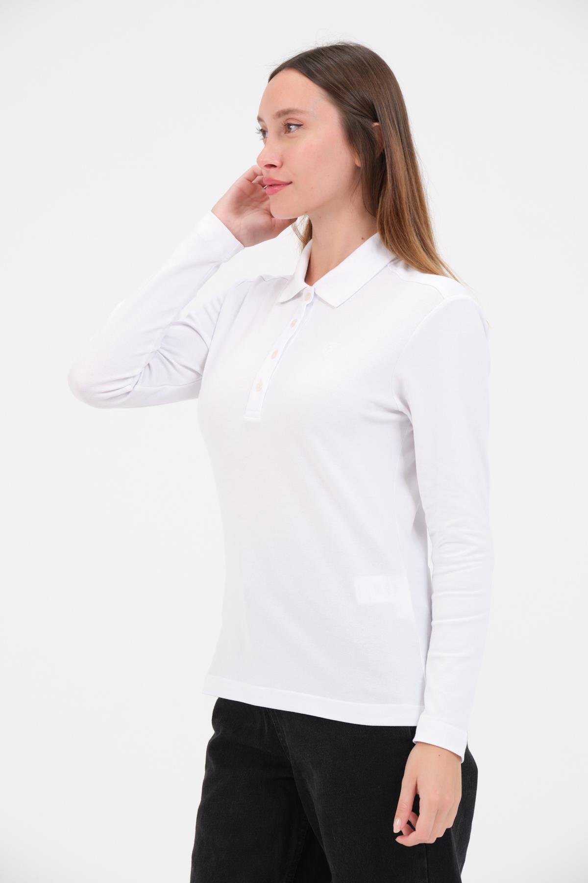 MSW Kadın Regular Fit Uzun Kollu Beyaz Polo