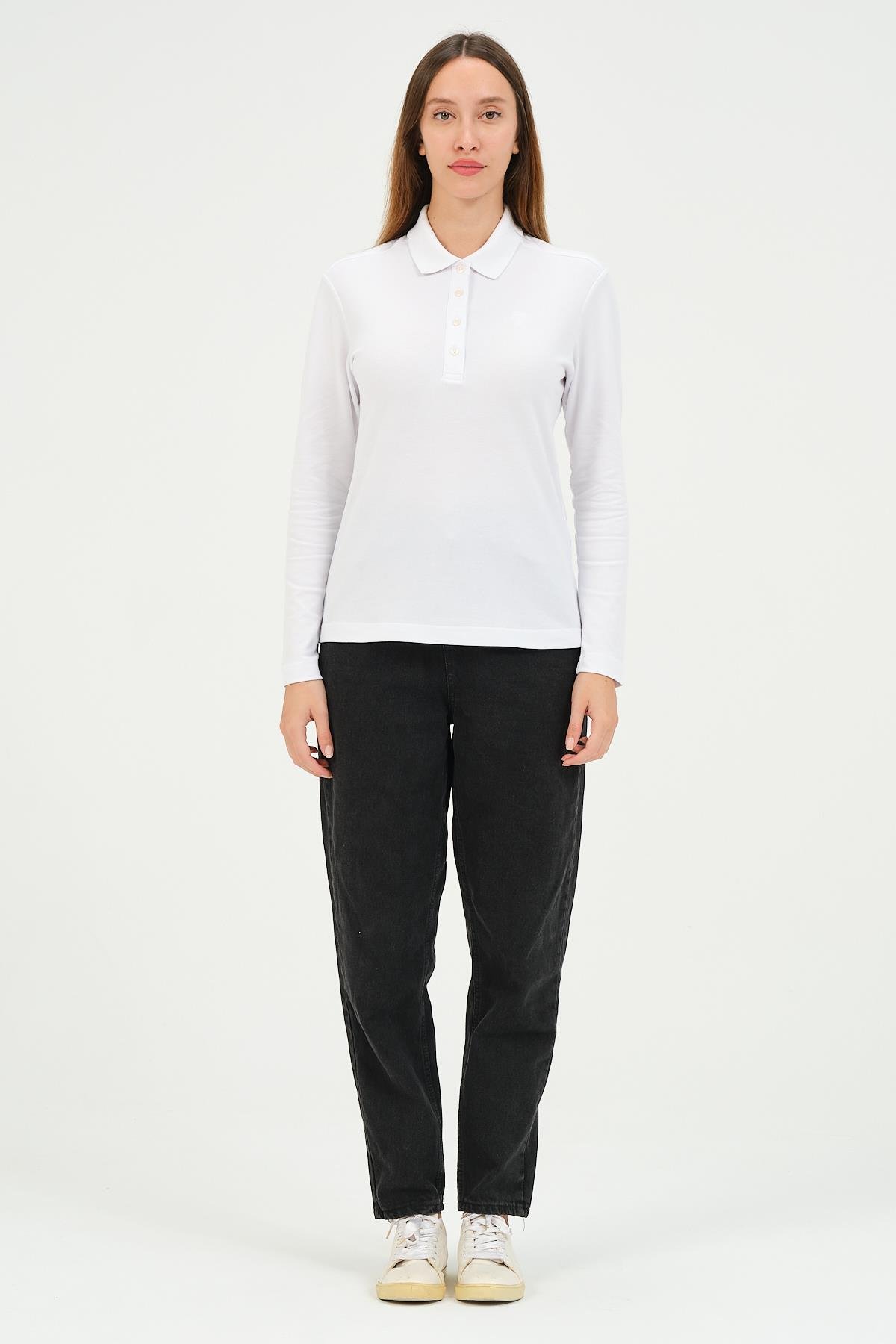 MSW Kadın Regular Fit Uzun Kollu Beyaz Polo
