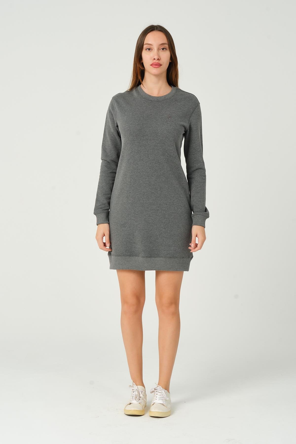 MSW Kadın Regular Fit Uzun Kollu Bisiklet Yaka Gri Elbise