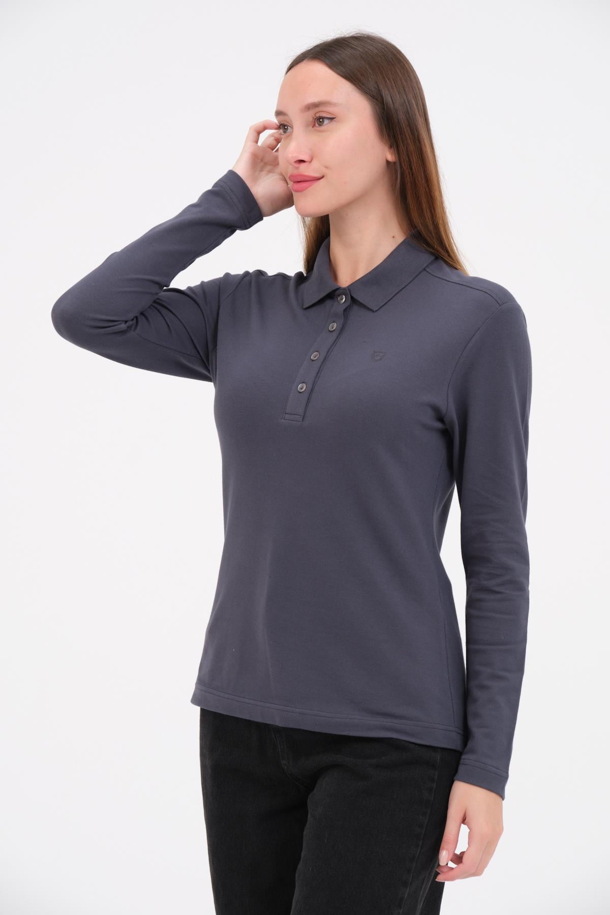 MSW Kadın Regular Fit Uzun Kollu Füme Polo