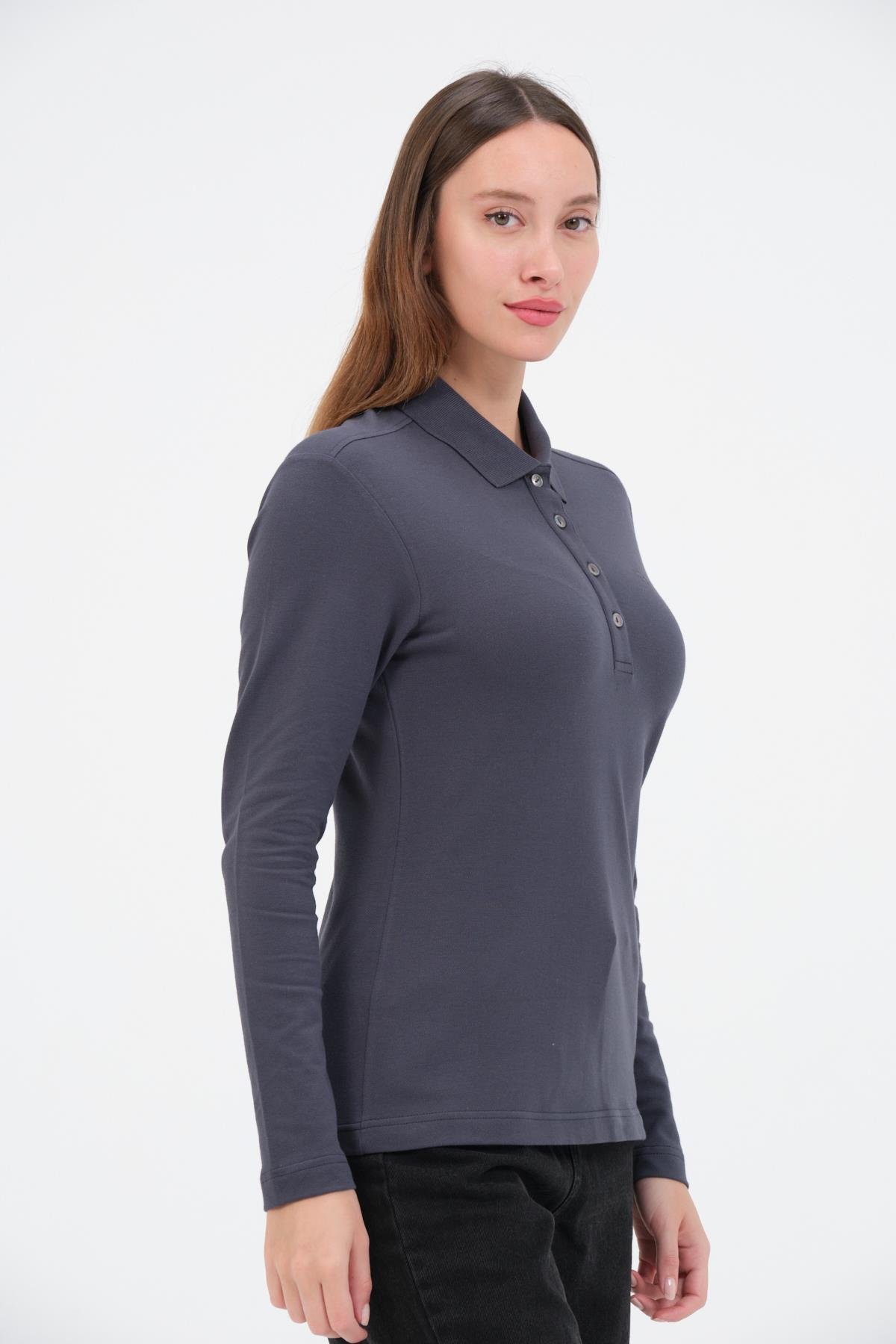 MSW Kadın Regular Fit Uzun Kollu Füme Polo