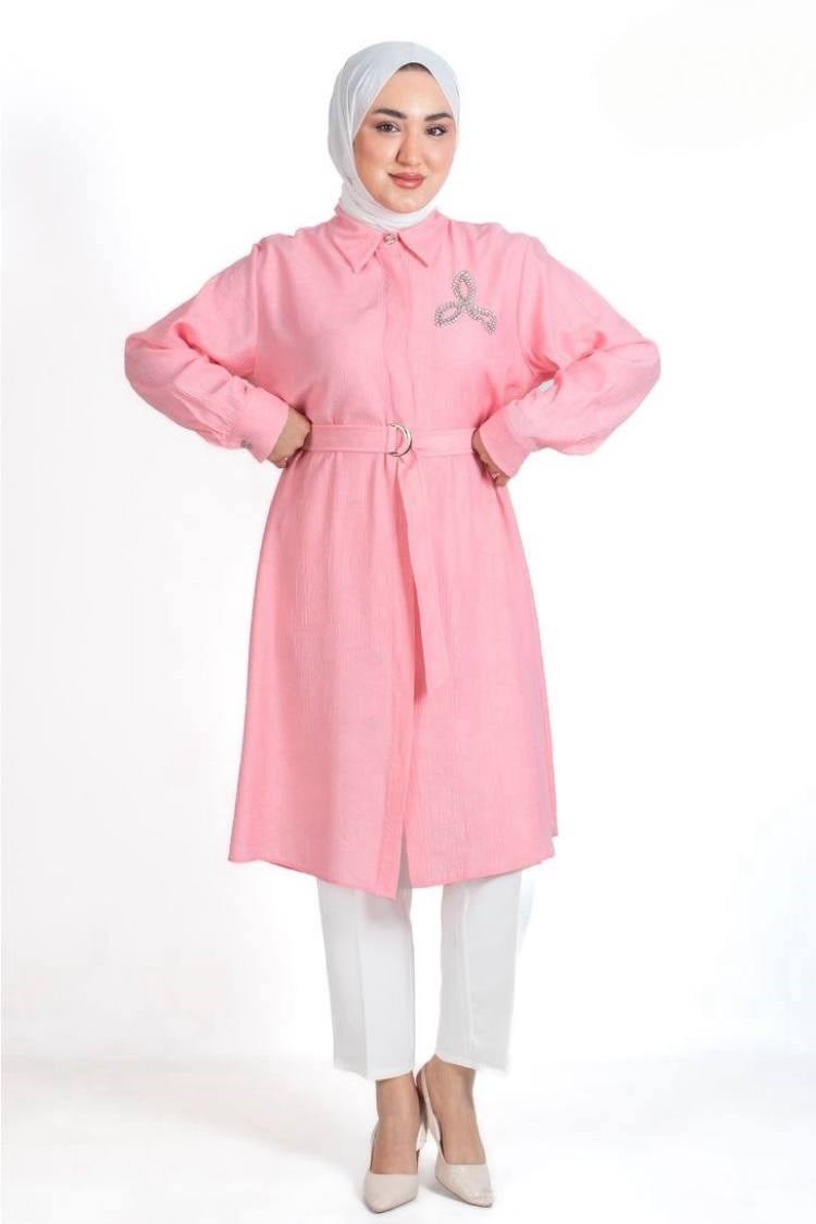 3586 Tripen Çilek Jakar Tunik PEMBE