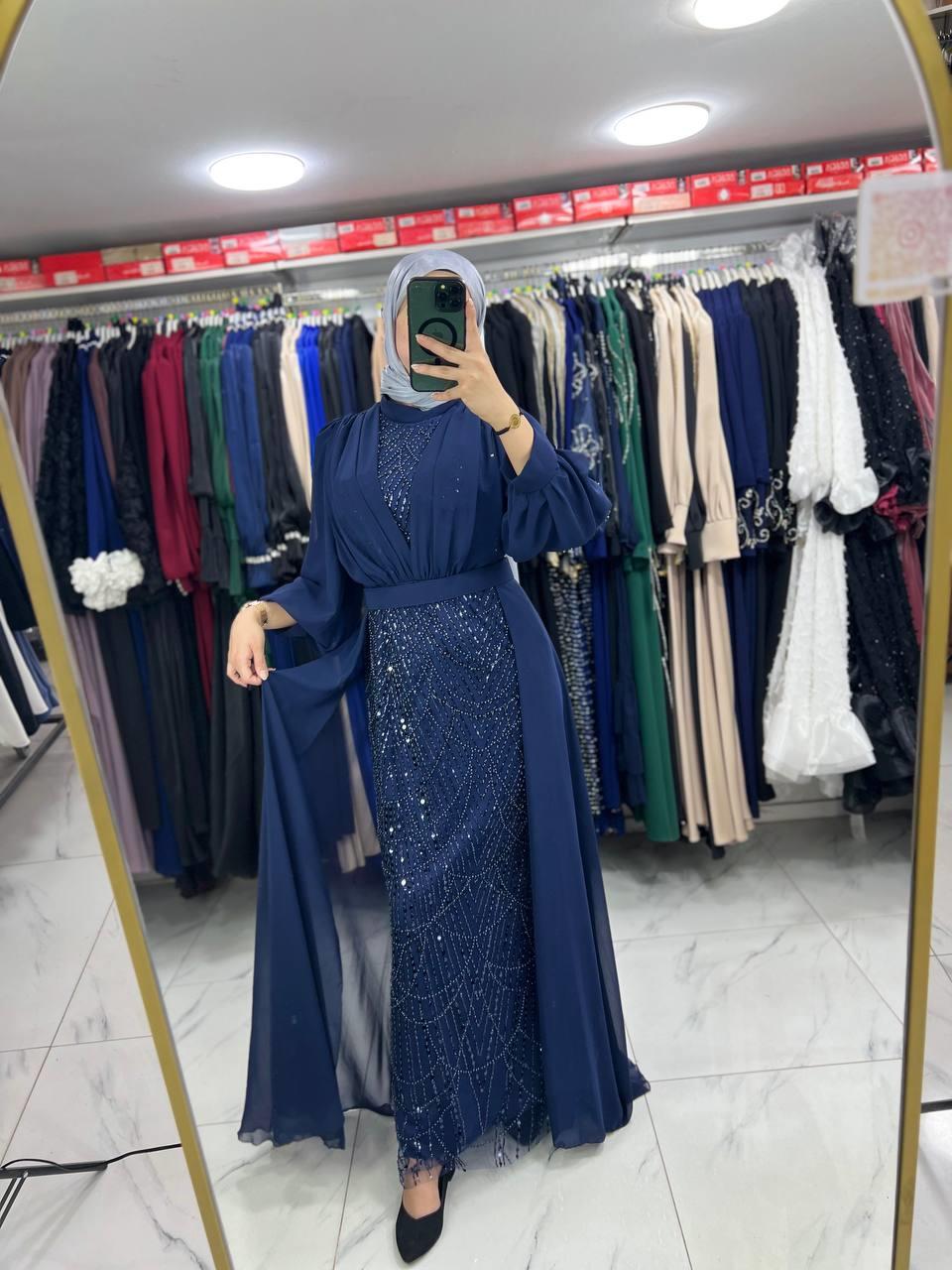 4630 Tane Şifon Boncuklu Elbise LACİVERT