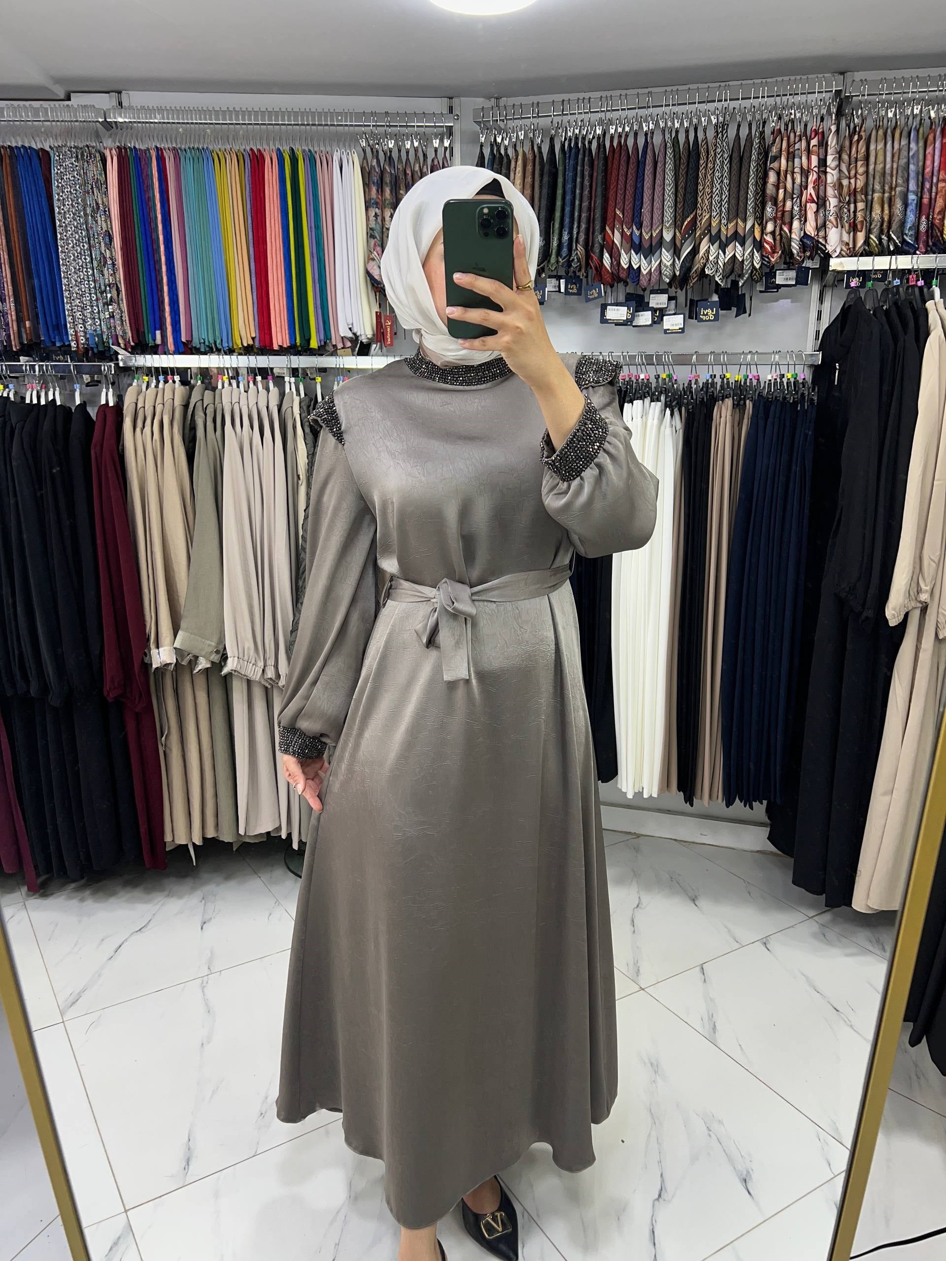 9107 Qeteen Omuz Taşlı  Elbise  GRİ