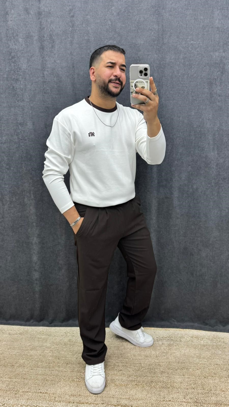90 Nakışlı Yaka Detaylı Oysh Kumaş Ful Likralı Sweat Beyaz Kahve