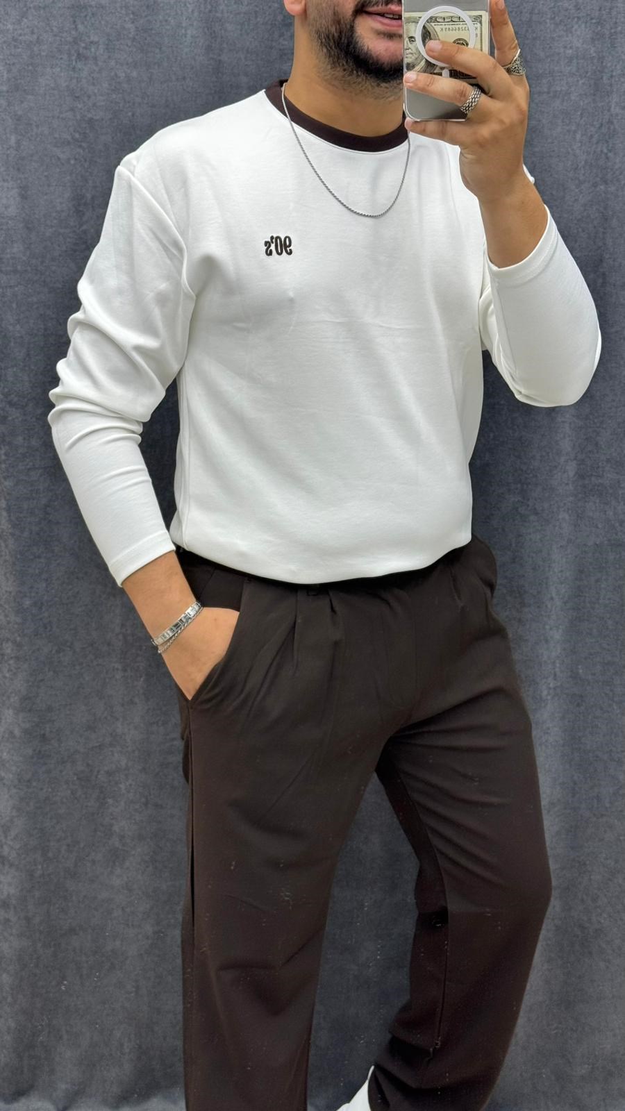 90 Nakışlı Yaka Detaylı Oysh Kumaş Ful Likralı Sweat Beyaz Kahve