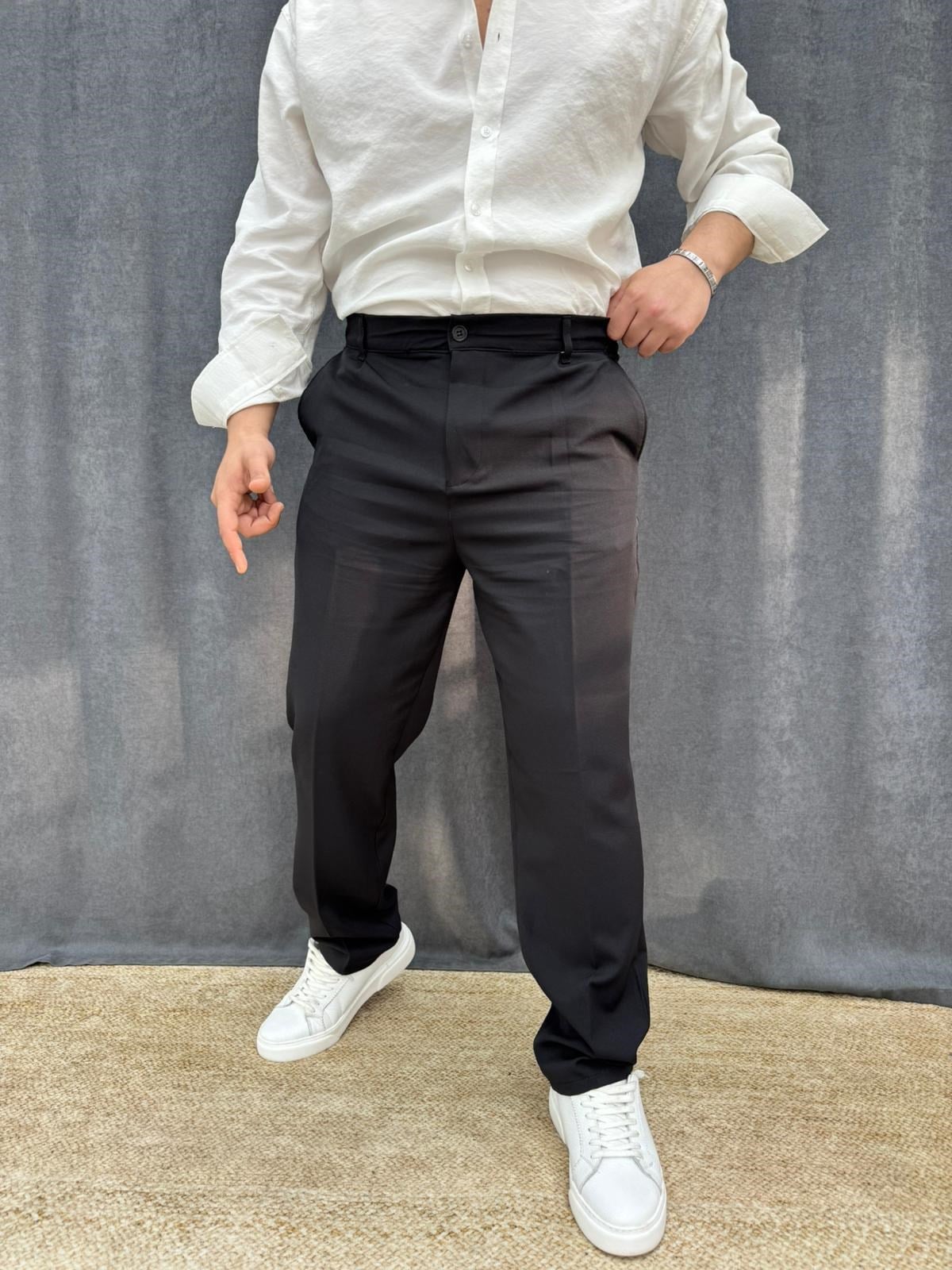 Baggy Tek Pileli Likralı Bel Lastikli Kumaş Pantolon Siyah