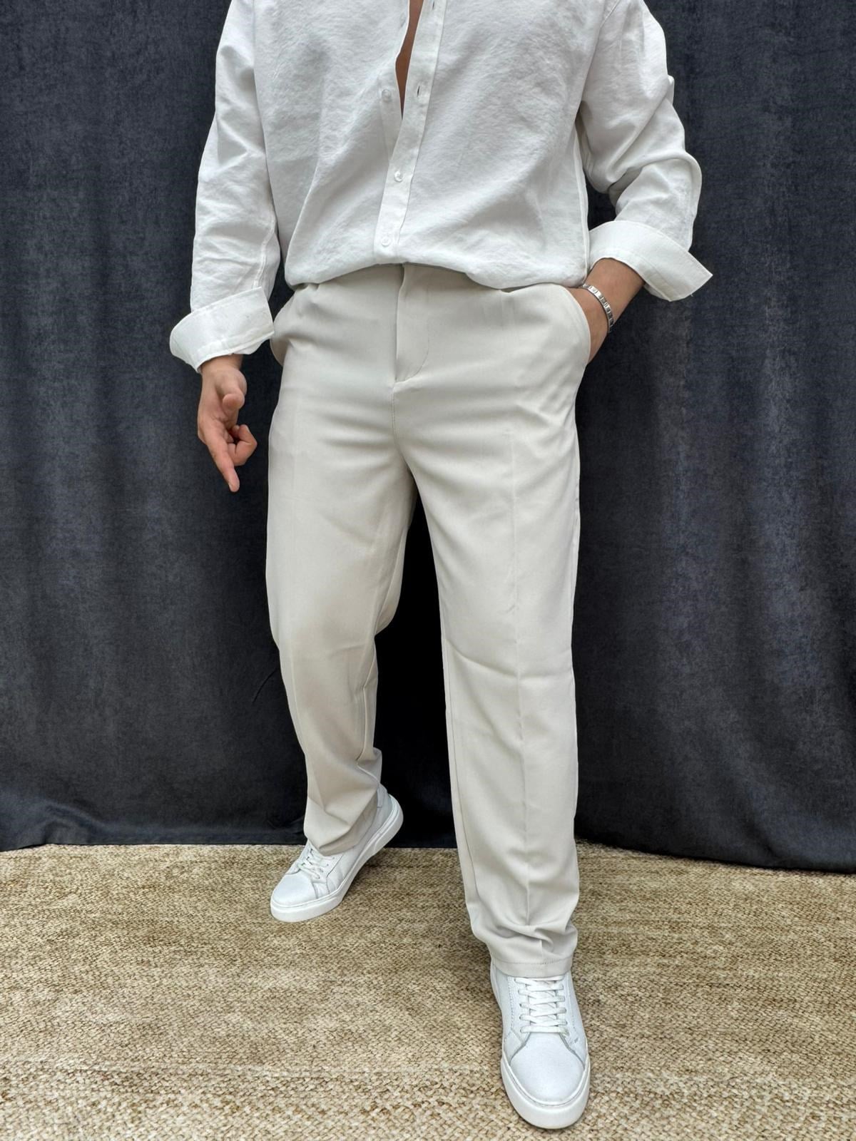 Baggy Tek Pileli Likralı Bel Lastikli Kumaş Pantolon Taş Gri