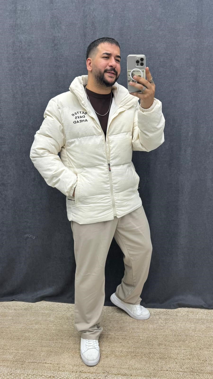 Better Days Baskılı Dökümlü Şişme Mont Beyaz