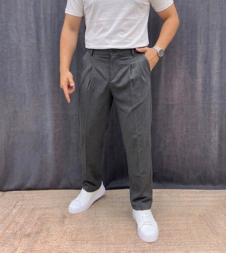 ÇİFT PİLE DETAYLI BEL LASTİKLİ BAGGY KIŞLIK KUMAŞ PANTOLON FÜME
