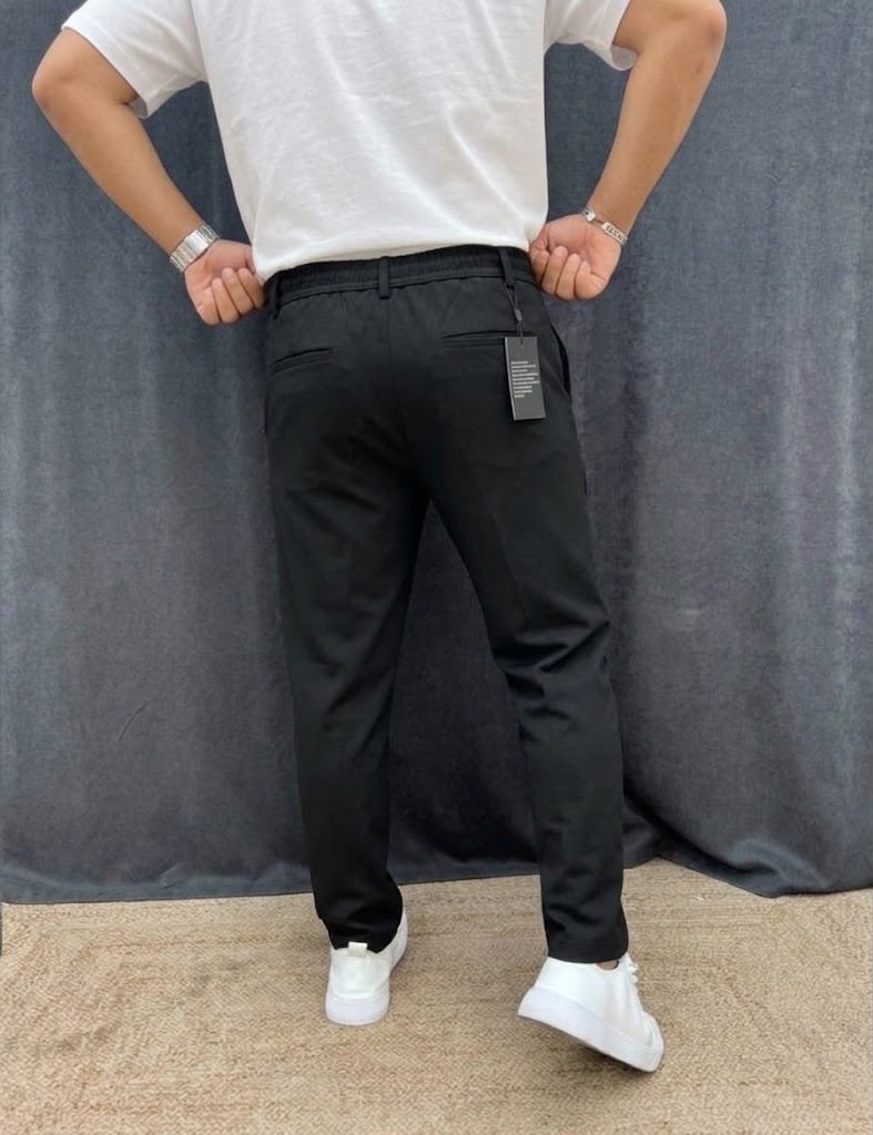 ÇİFT PİLE DETAYLI BEL LASTİKLİ BAGGY KIŞLIK KUMAŞ PANTOLON SİYAH
