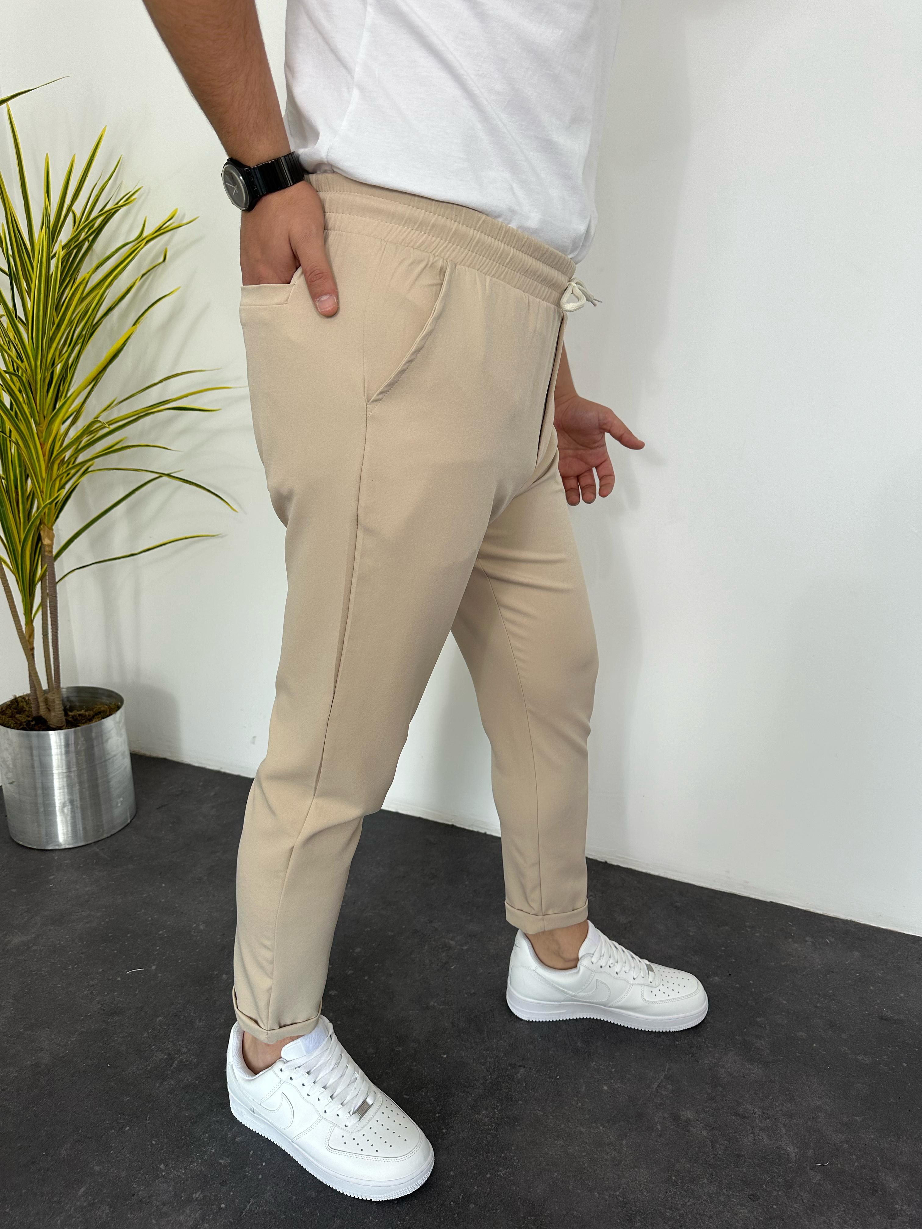 Duble Paça Likralı Pantolon Krem