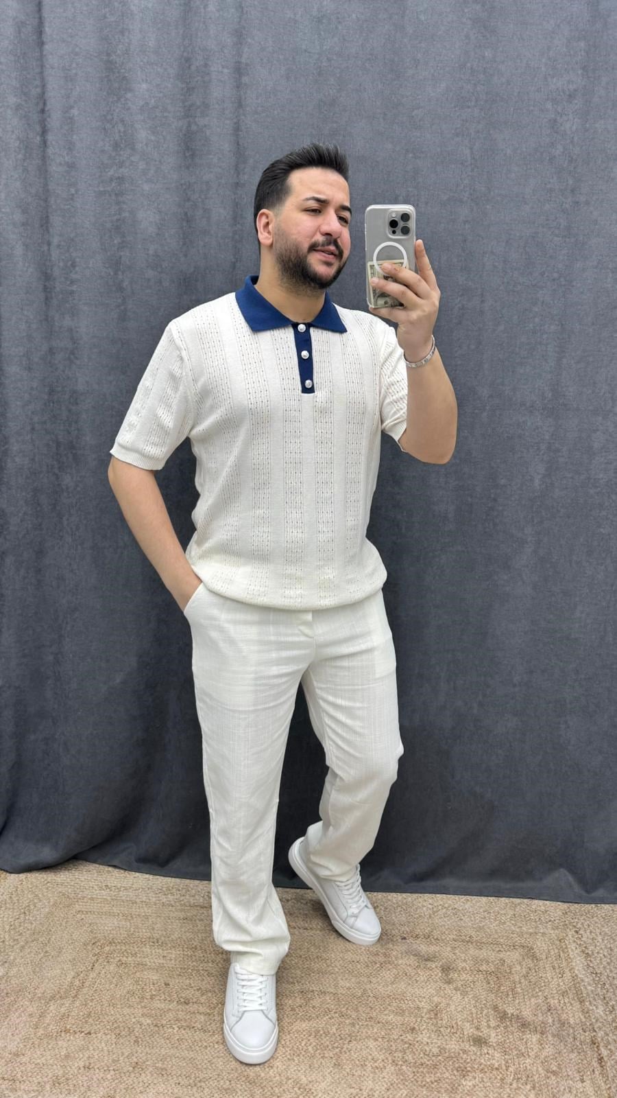 Gümüş Düğmeli Örme Yıkamalı Old Money Triko Mavi