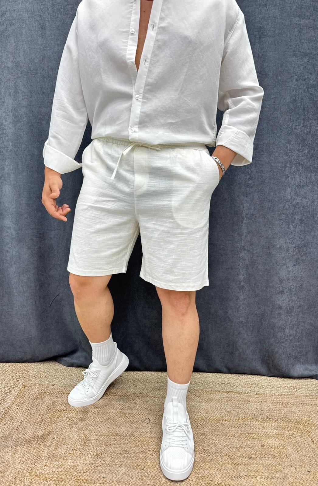 Ham Keten Bel Lastikli Şort Bej