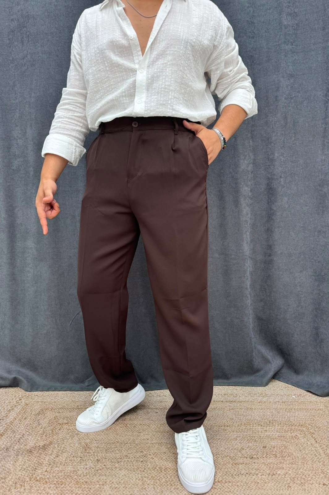 İthal Kumaş Tek Pileli Baggy Kumaş Pantolon Acı Kahve
