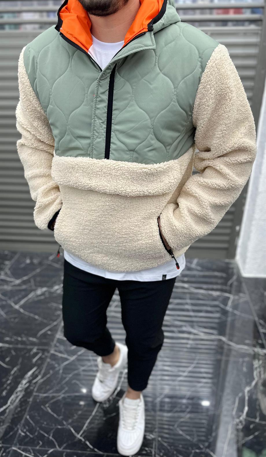 Kapitone Cepli Yarım Fermuarlı Kapüşonlu Peluş Mont Krem