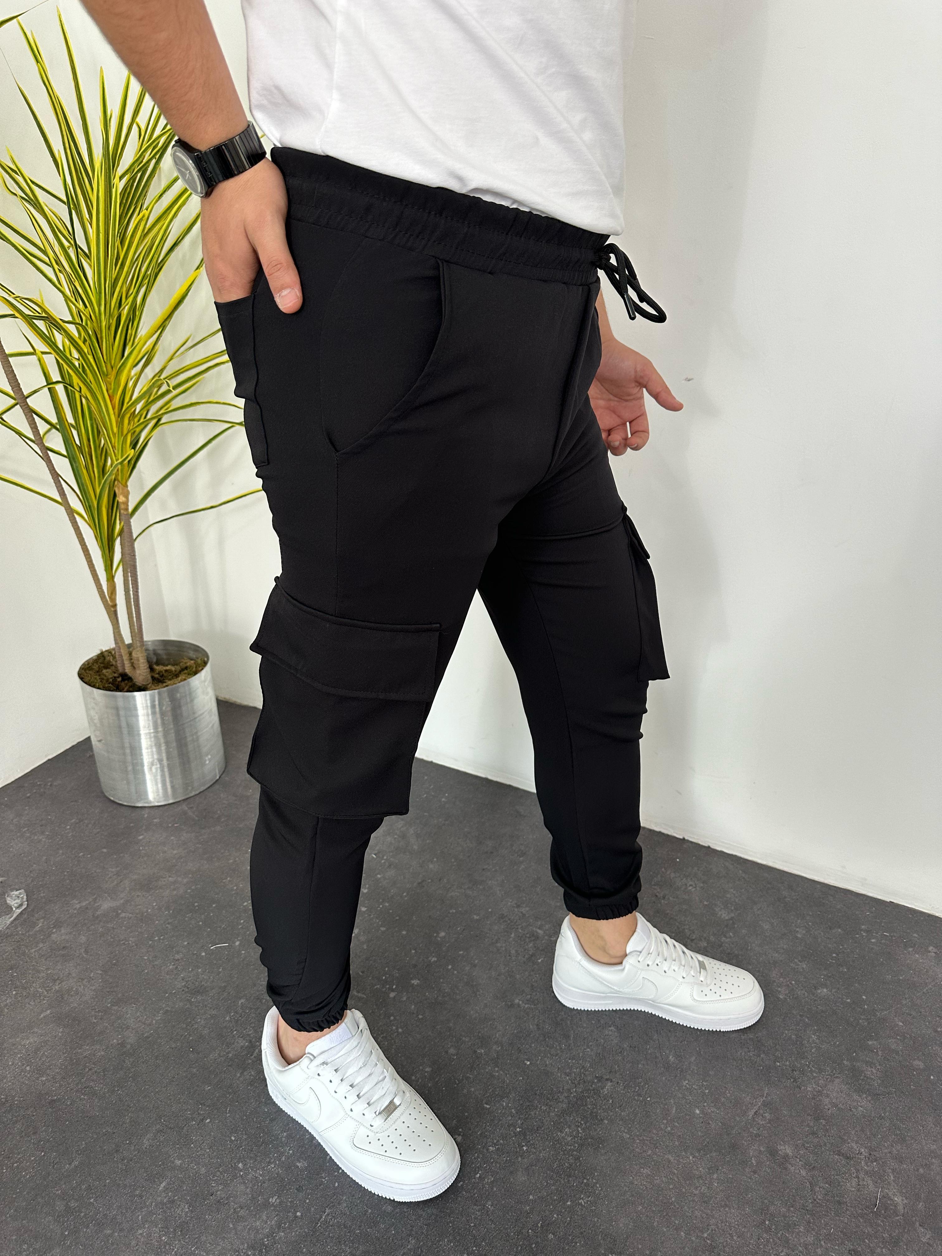 Kargo Cep Paça Lastik Jogger Pantolon Siyah