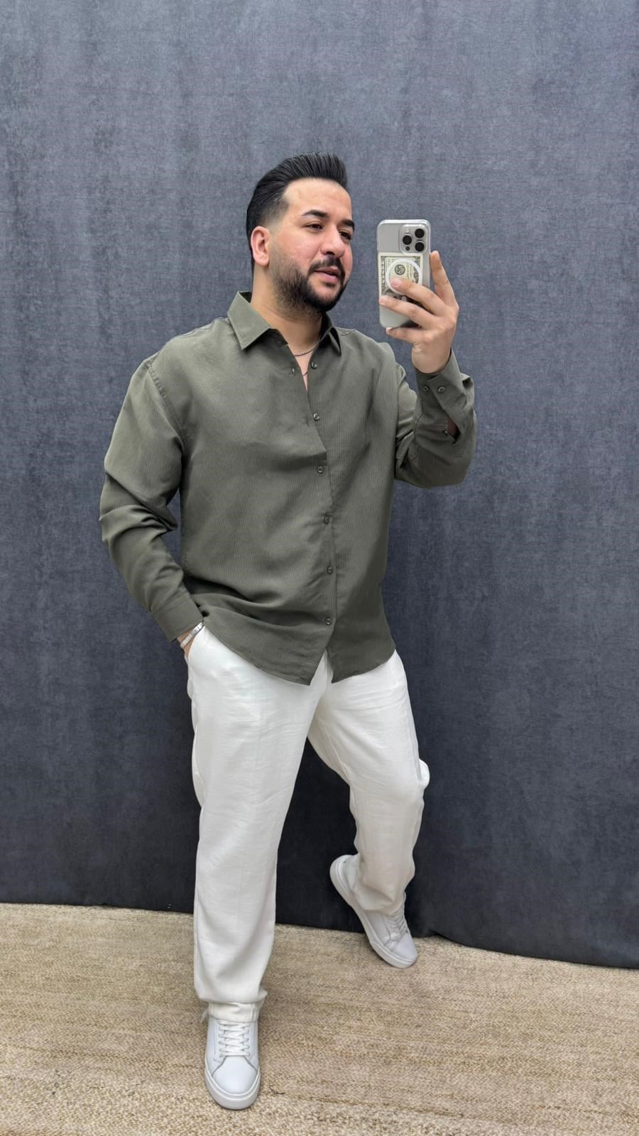 Kendinden Desenli Modal Kumaş Oversize Gömlek Haki