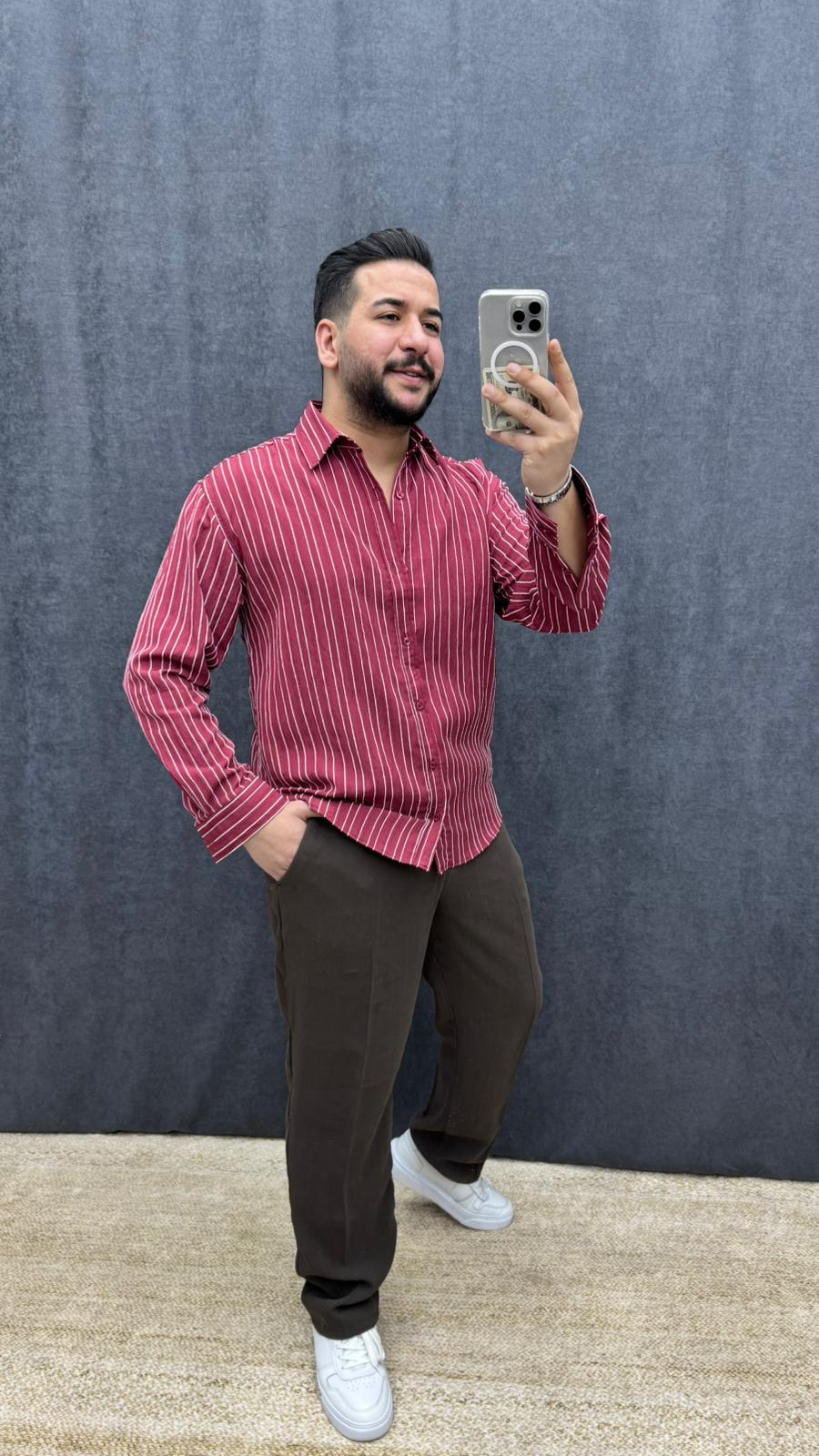 Keten Ütü Tutmaz Çizgili Oversize Gömlek Bordo