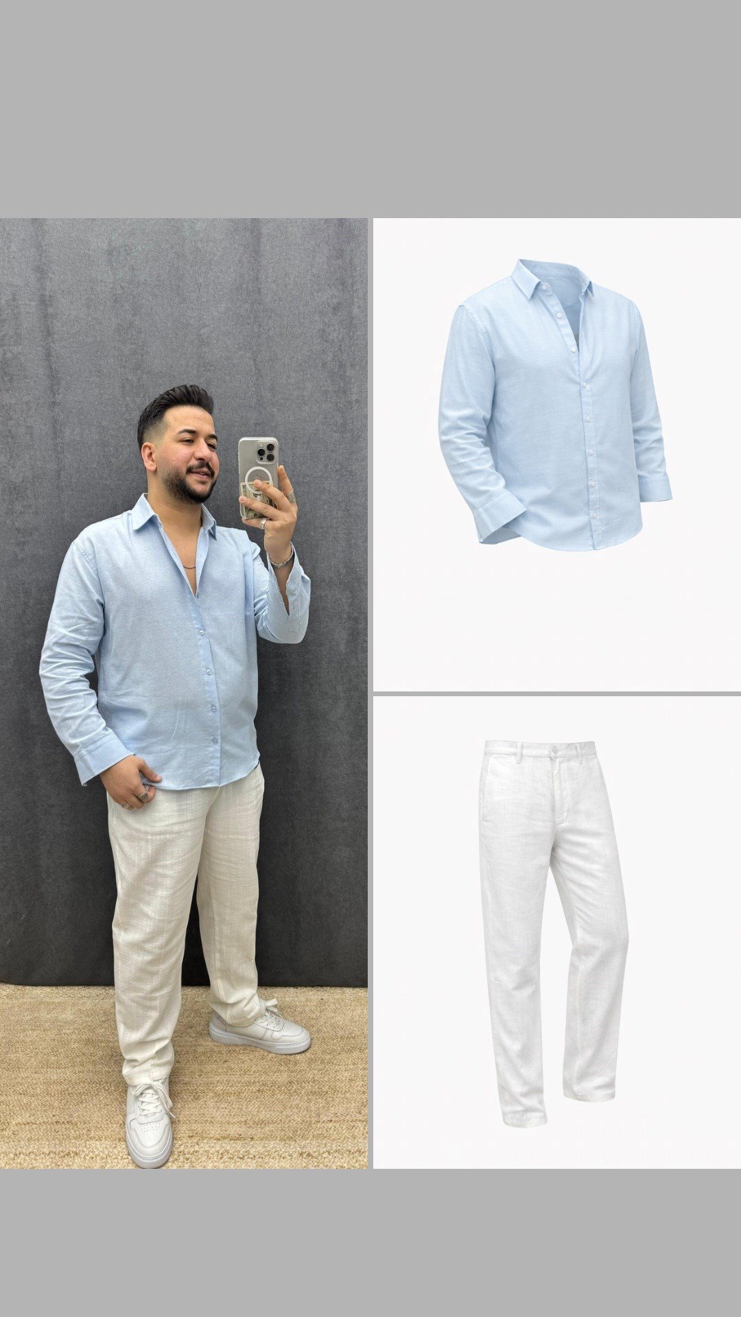 Kılçıklı Ham Keten Rahat Kalıp Gömlek Ve Baggy Tek Pileli Keten Pantolon Mavi Beyaz