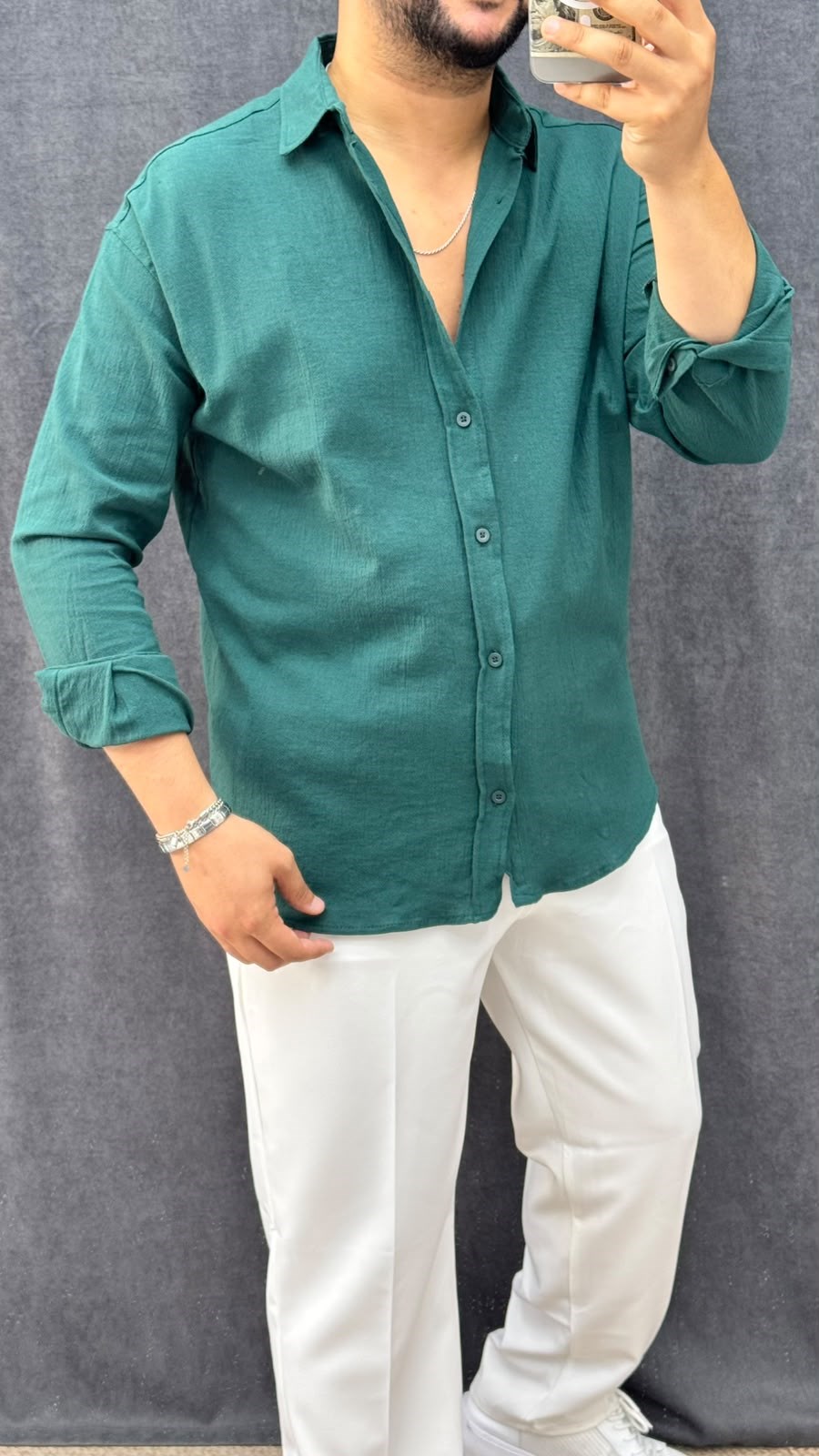 Kirinkil Kumaş Oversize Keten Gömlek Zümrüt Yeşili