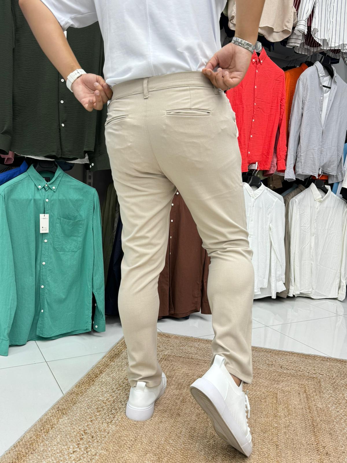 Kısa Dil Slim Fit Likralı Kumaş Pantolon Bej