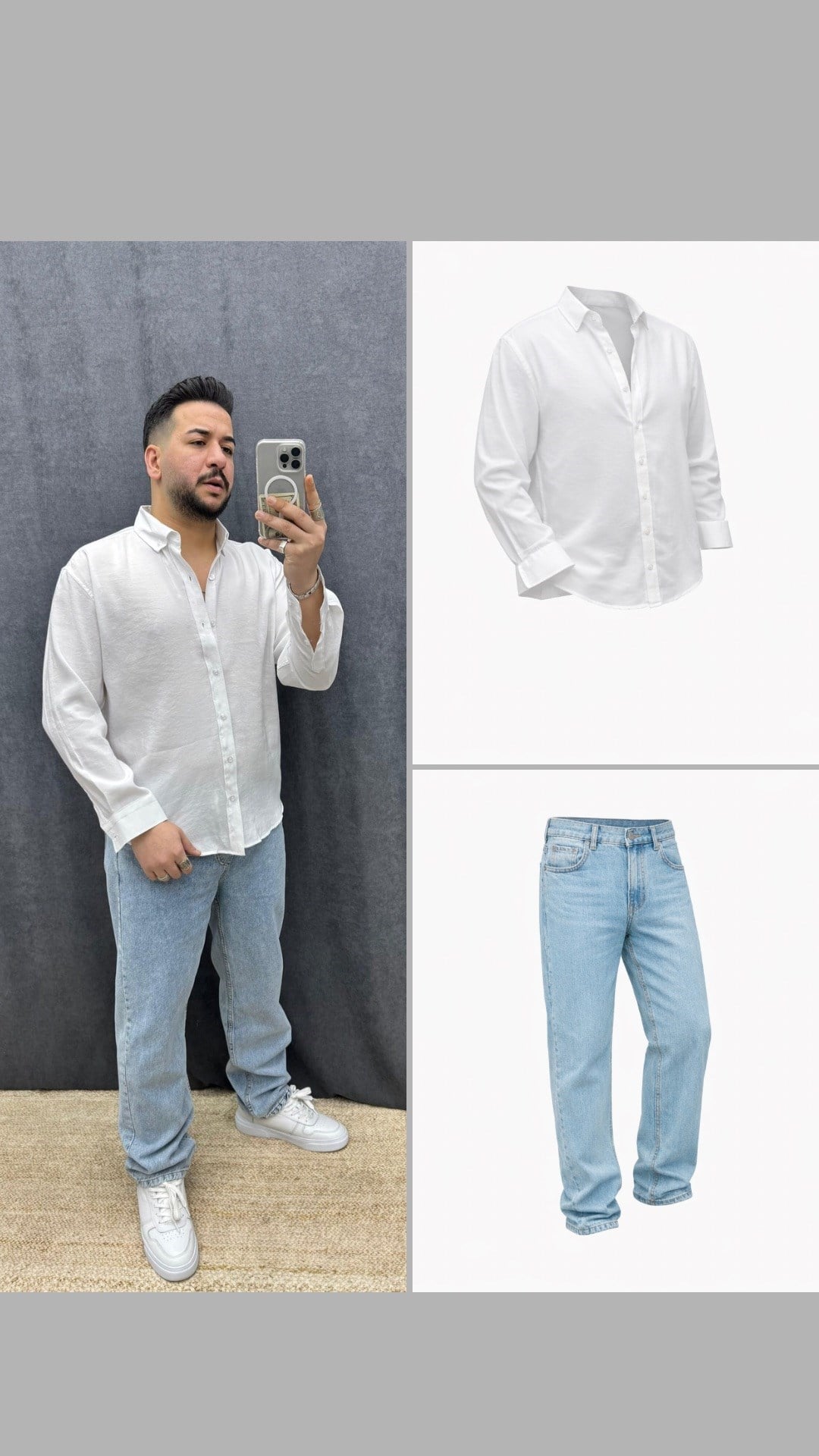 Modal Kumaş Rahat Kalıp Gömlek Ve Baggy Yıkamalı Kumaş Kot Pantolon Beyaz Mavi