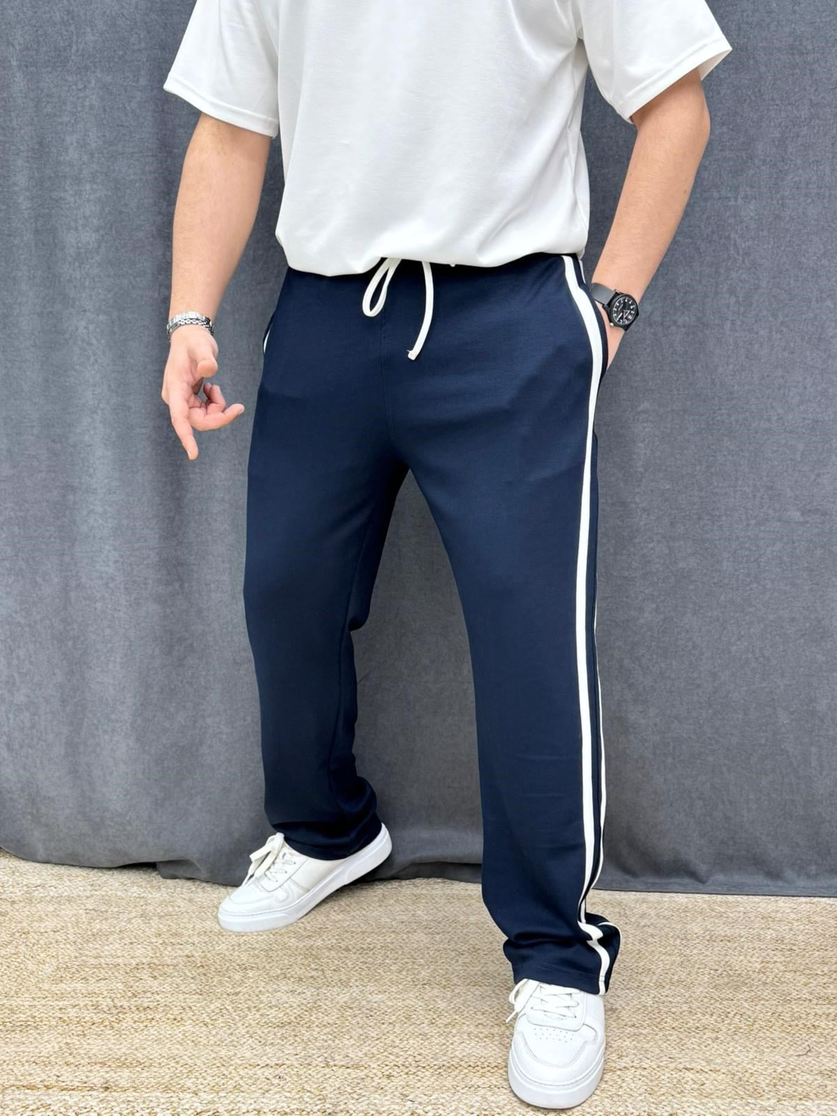 Modal Kumaş Şeritli Baggy Pantolon Lacivert