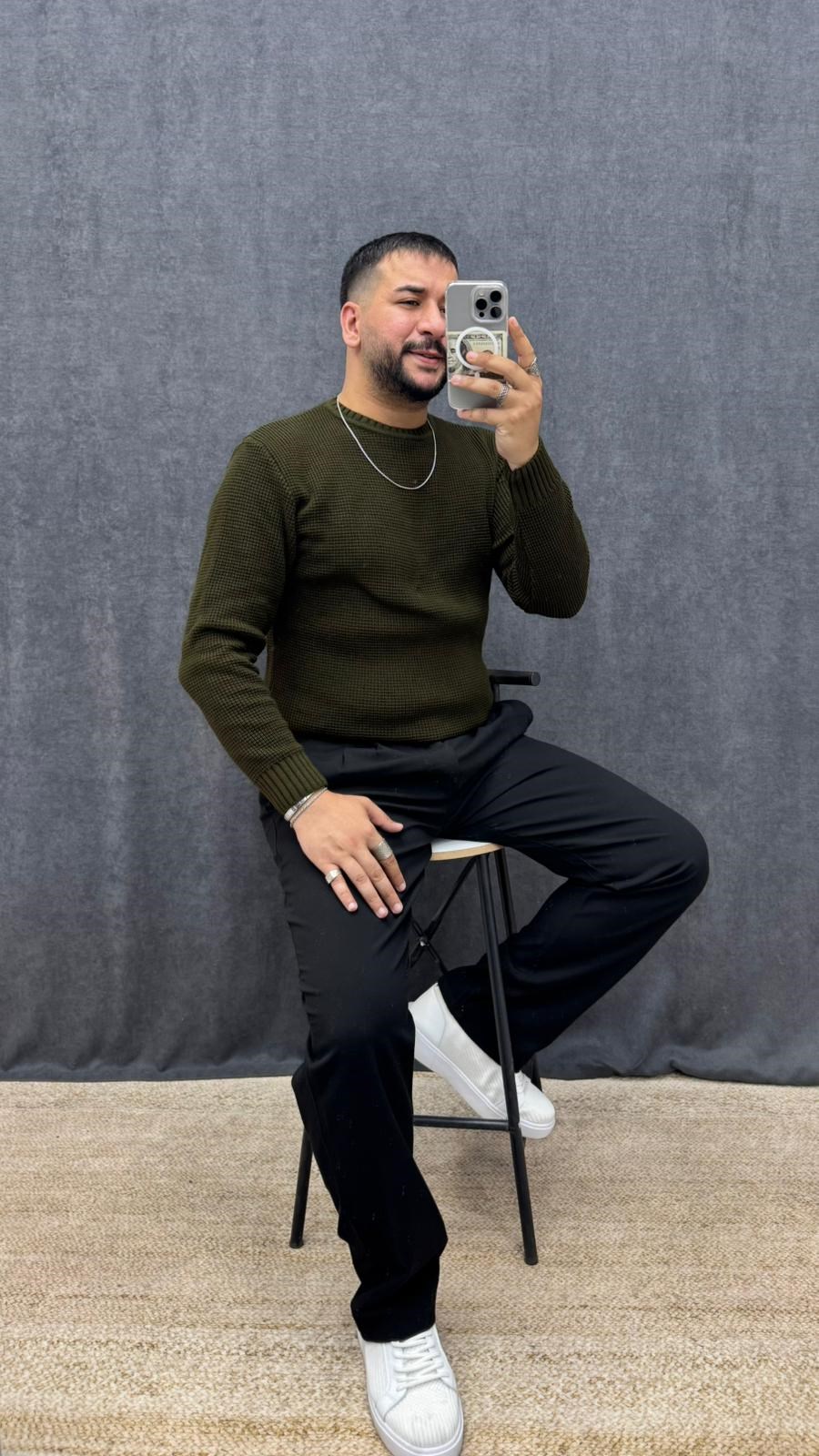 Örme Bisiklet Yaka Regular Kalıp Triko Haki